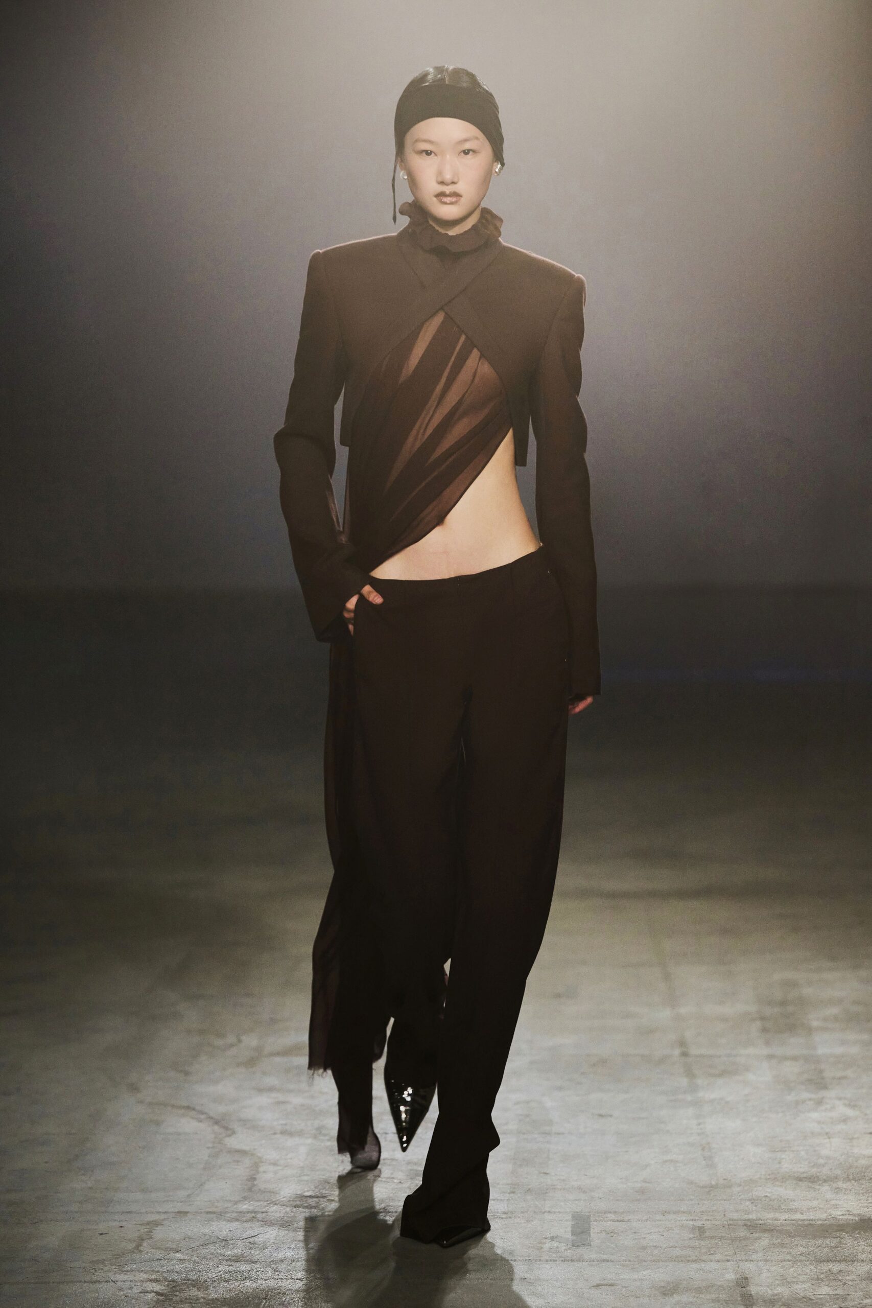 black silk asymmetric fitted high-waisted pants