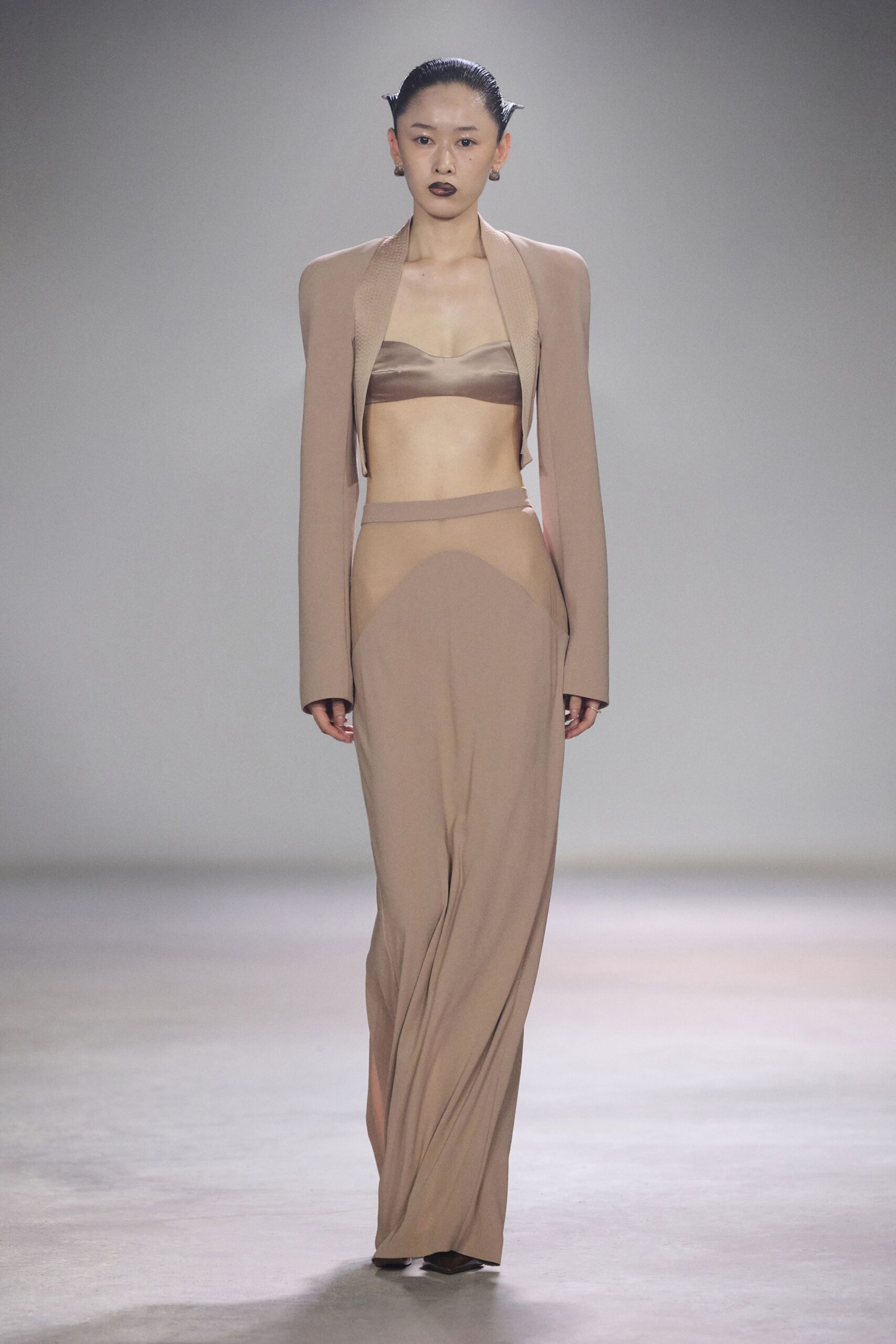 beige silk slit fitted high-waisted maxi skirt