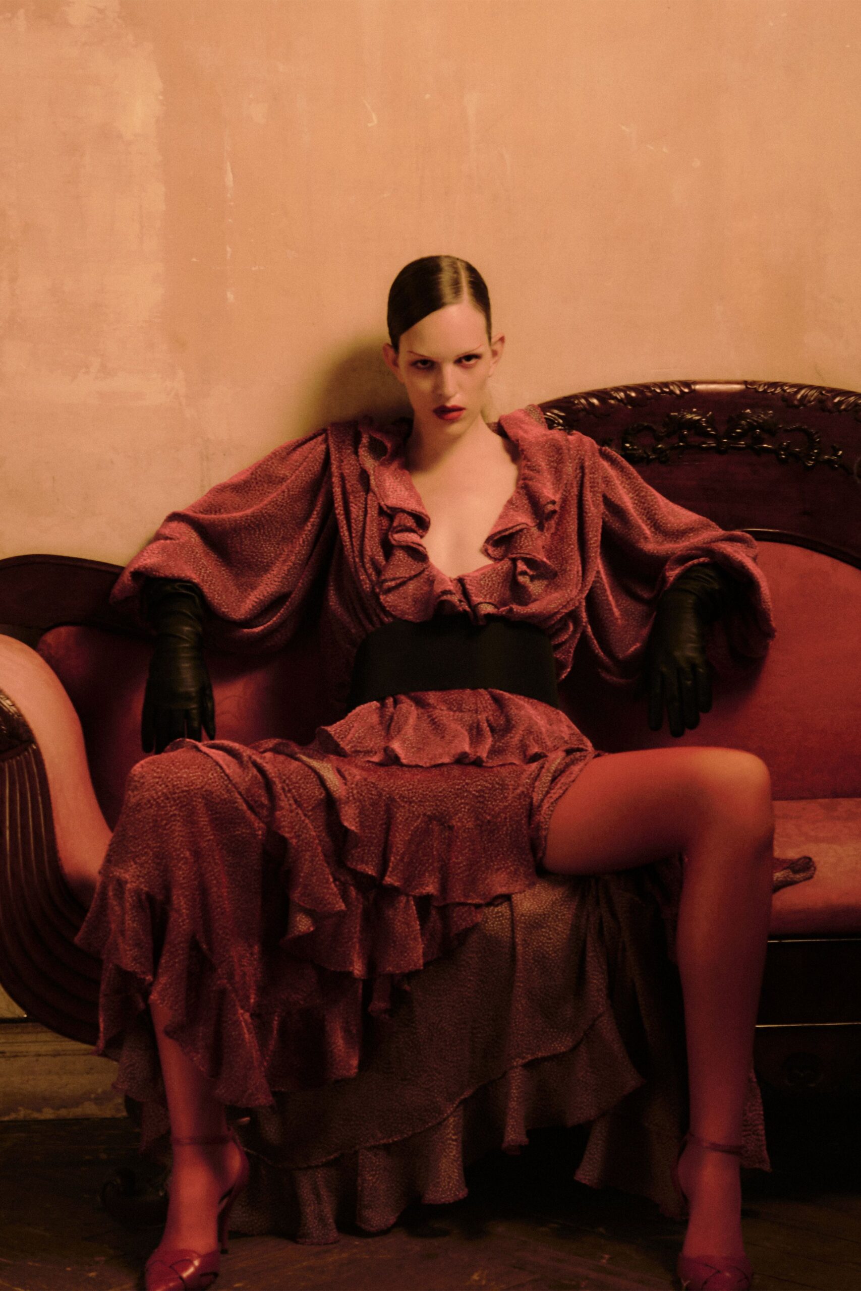 red silk long-sleeve v-neck fitted ruffled tiered dress