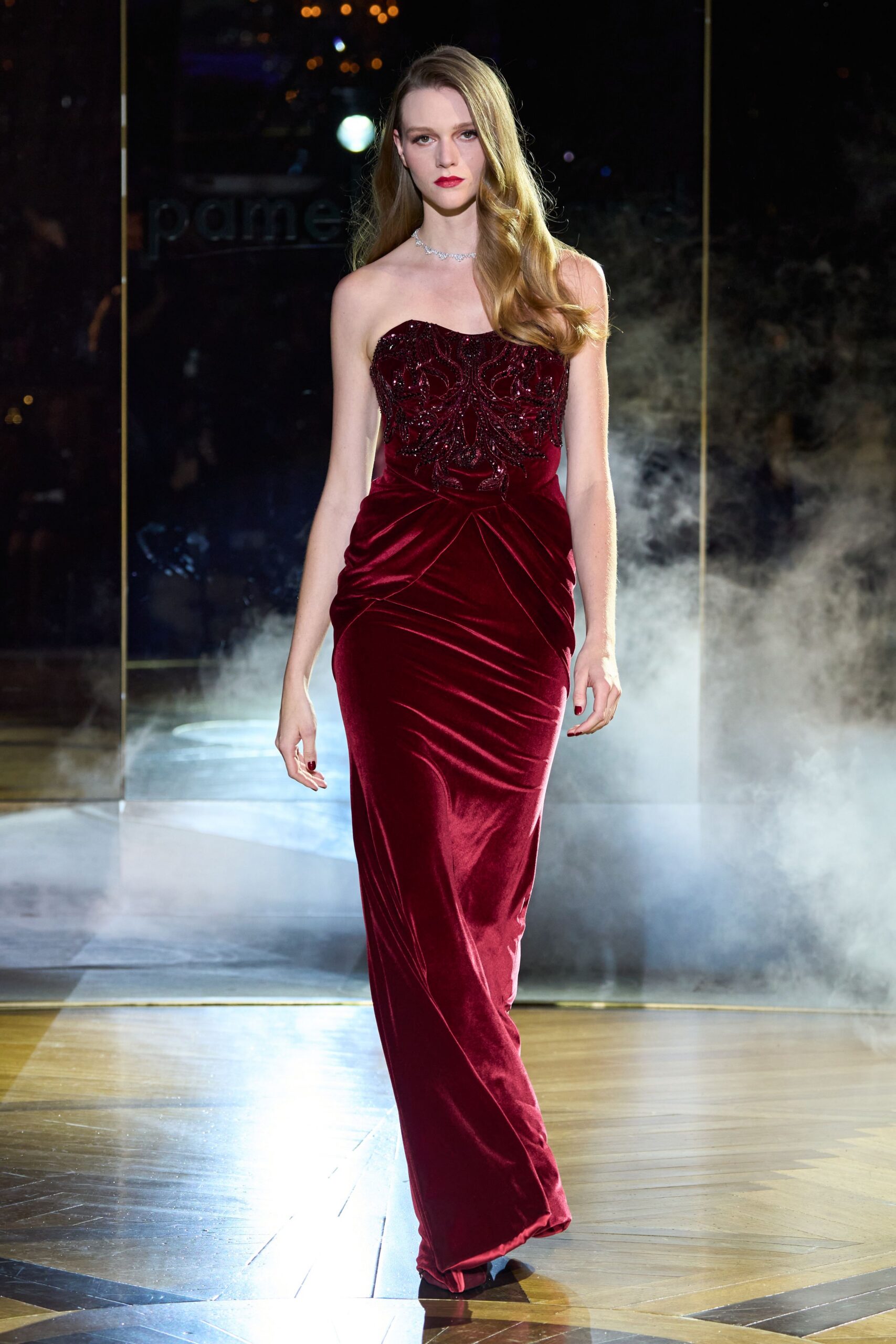 red velvet strapless fitted ruched embroidered maxi gown