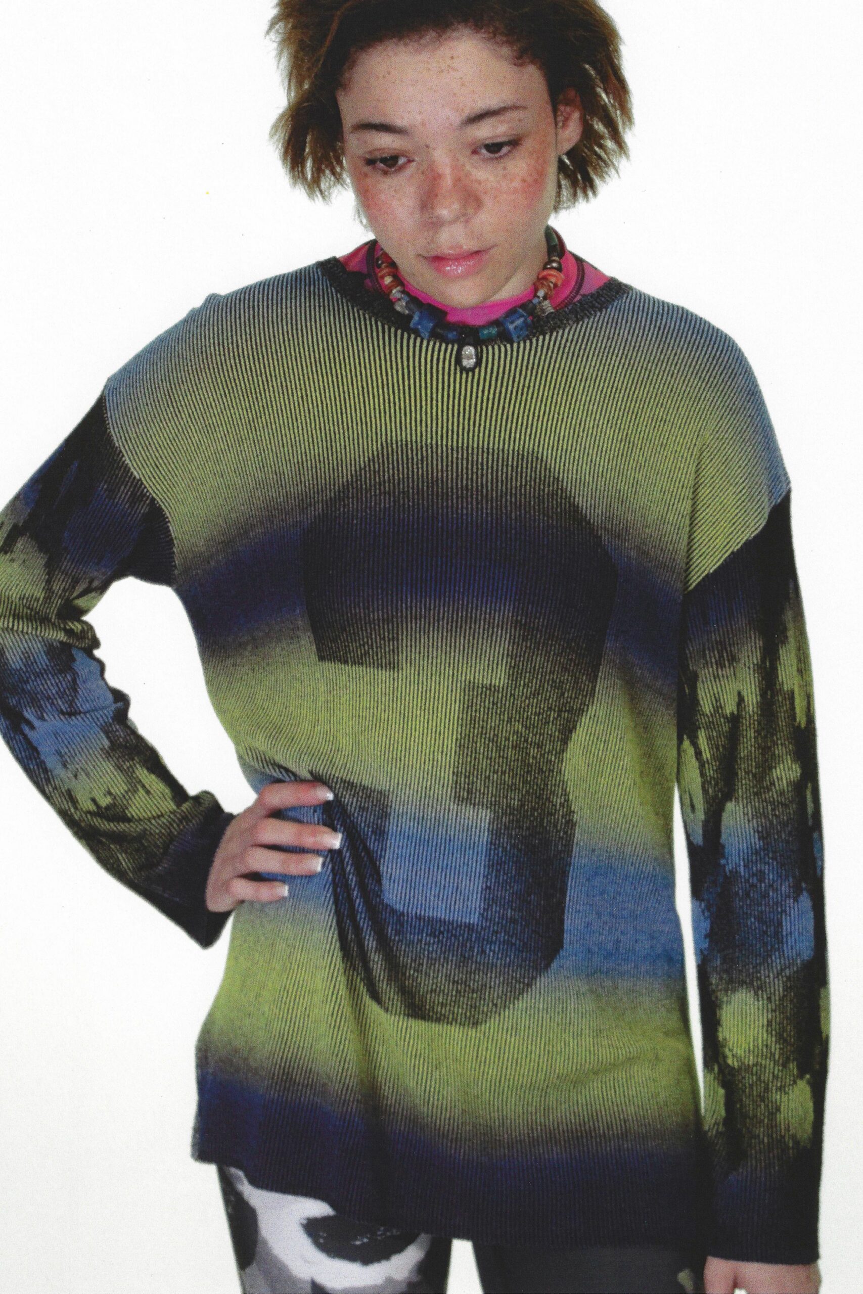 green cotton long-sleeve collared relaxed printed top