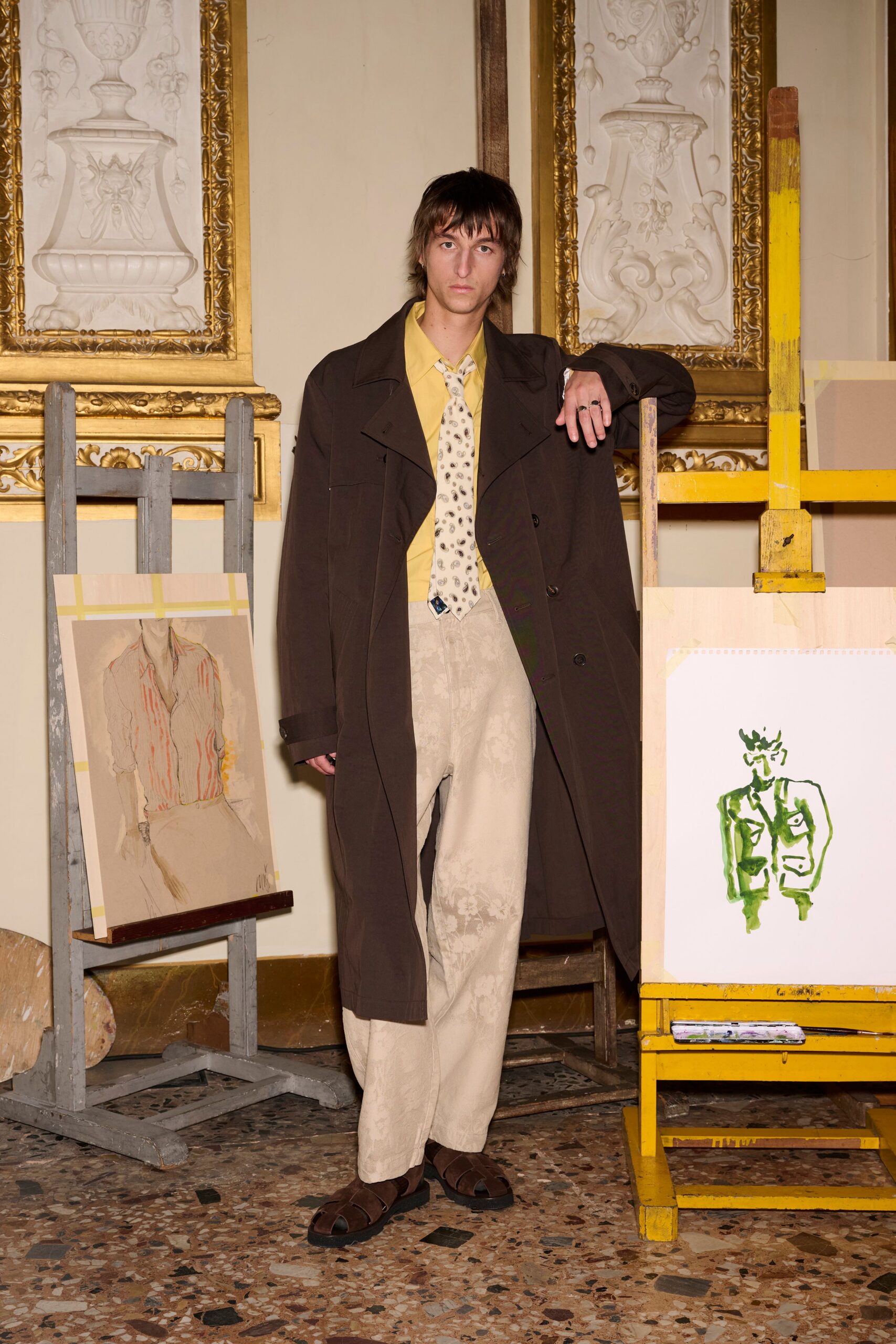 yellow cotton long-sleeve collared fitted shirt