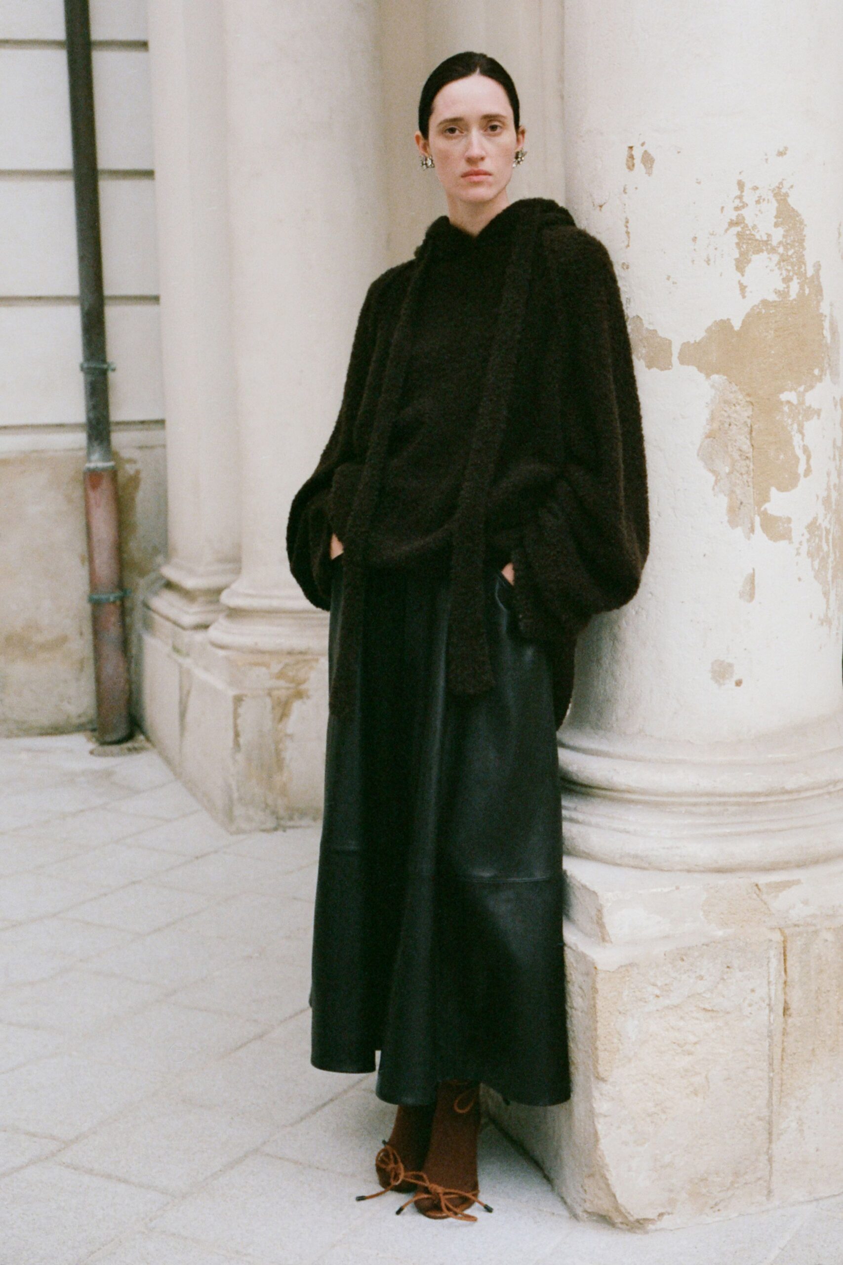 brown wool long-sleeve hooded oversized top