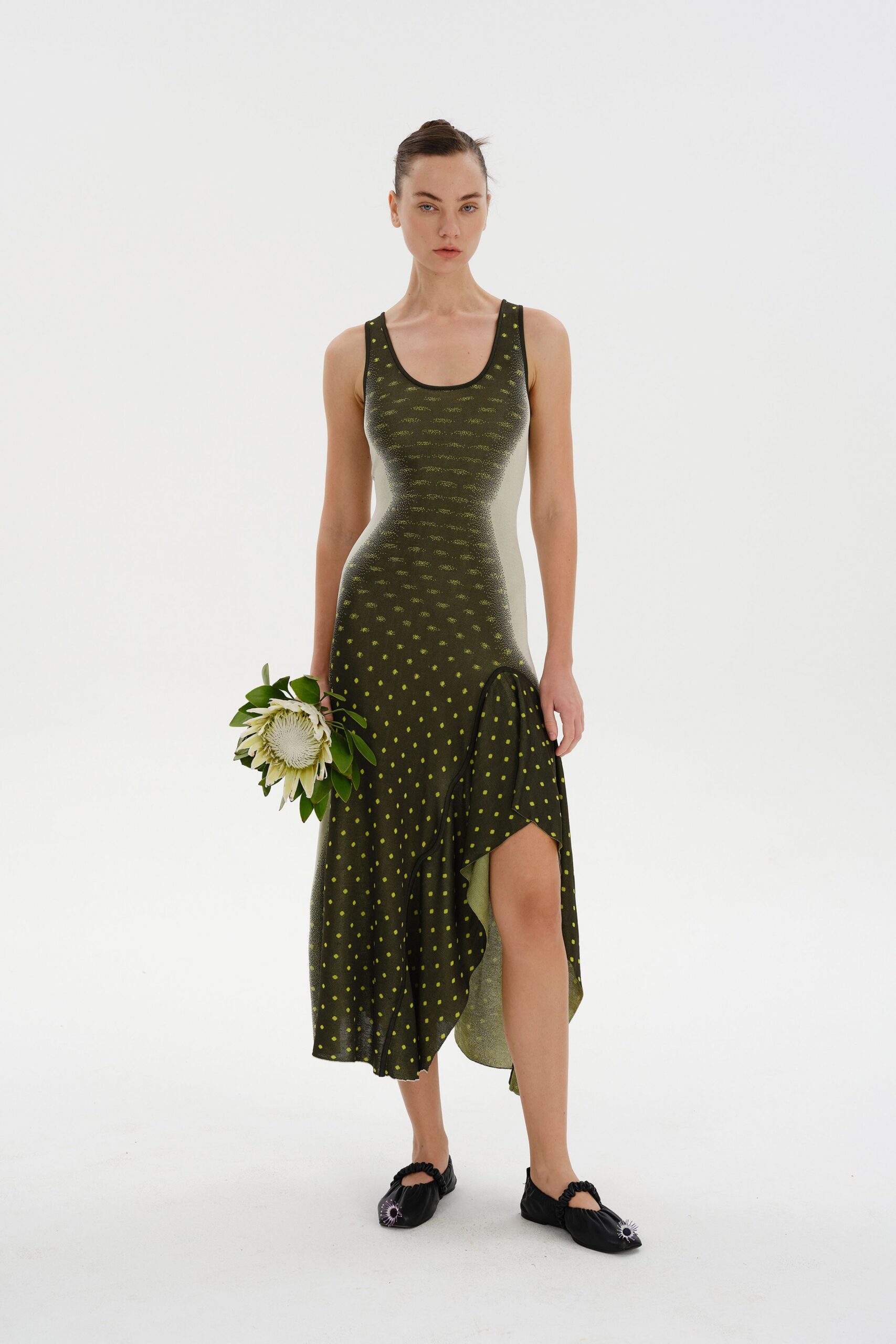 green cotton sleeveless high-neck fitted polka-dot midi dress