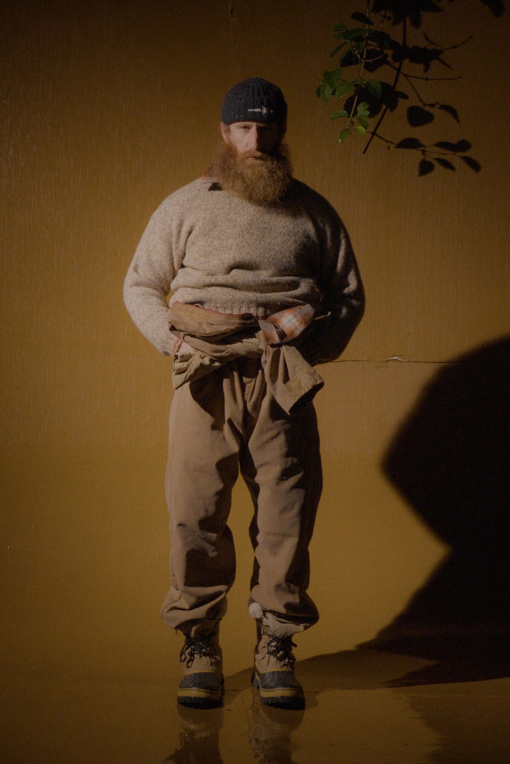 gray wool sweater beige cargo pants