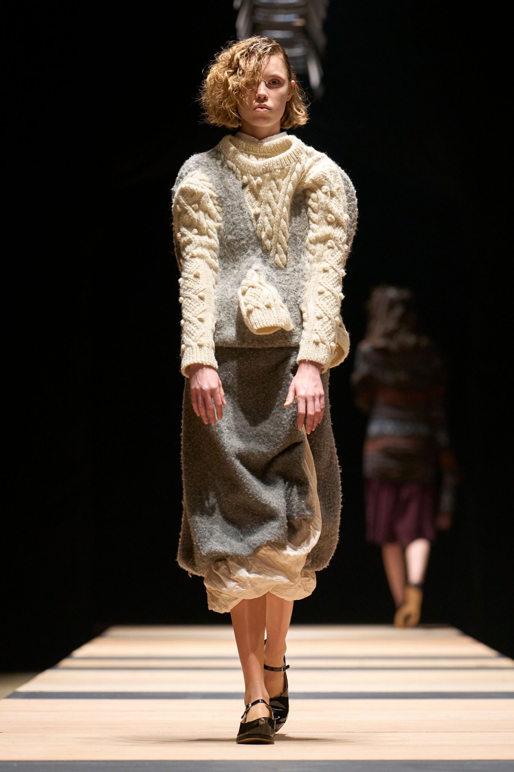 gray wool asymmetric fitted midi skirt