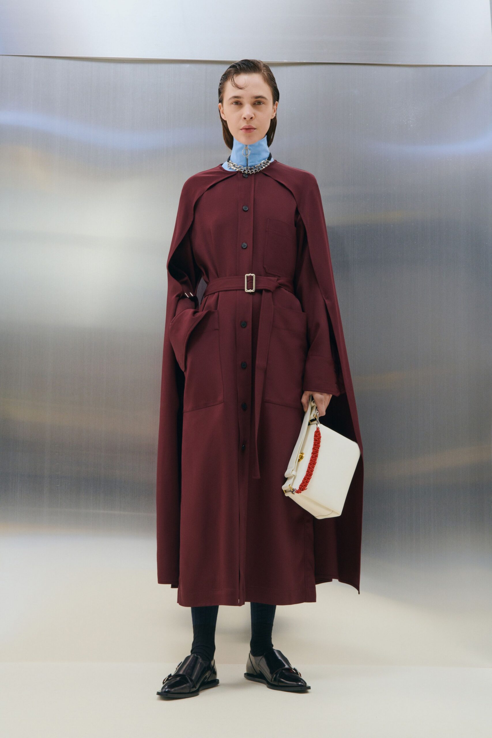 maroon collared fitted pockets belted midi dress