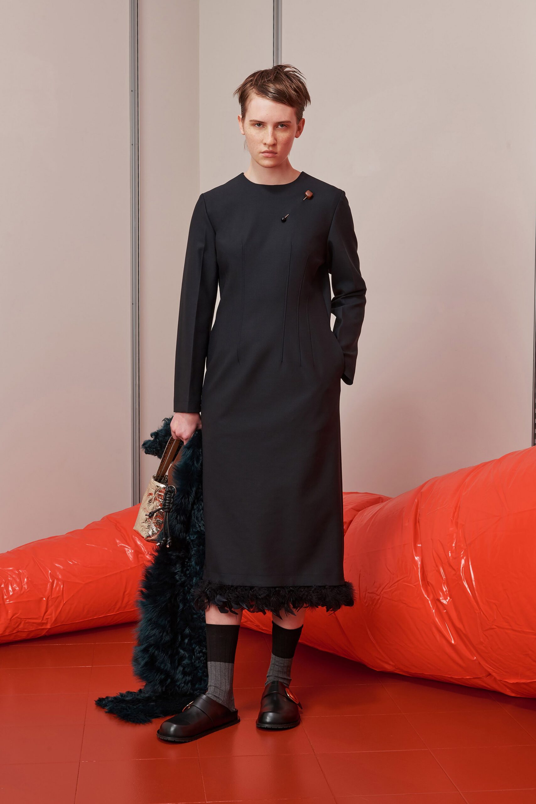 black wool long-sleeve collared fitted pleated fringed dress