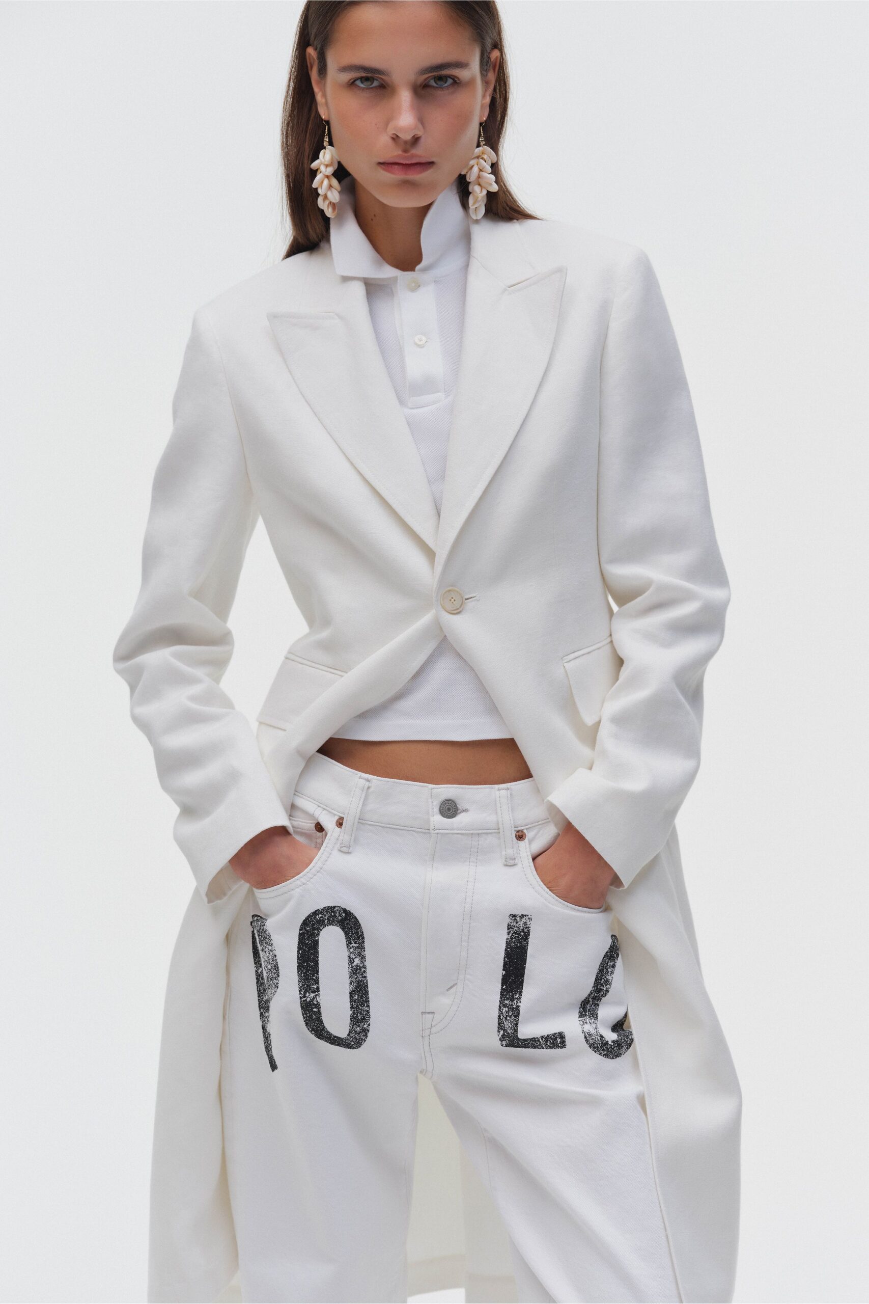 white cotton long-sleeve collared structured blazer
