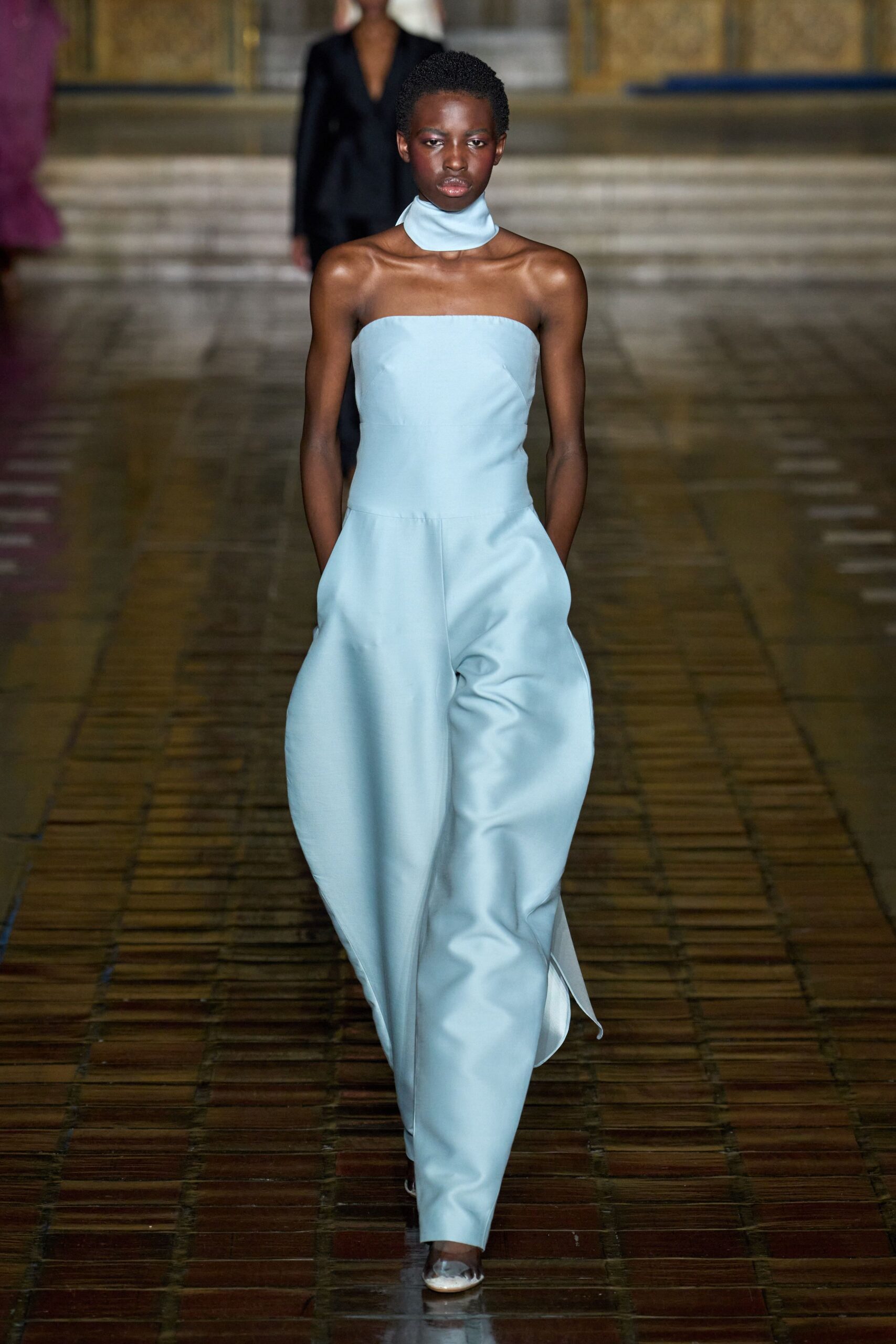 blue silk strapless jumpsuit