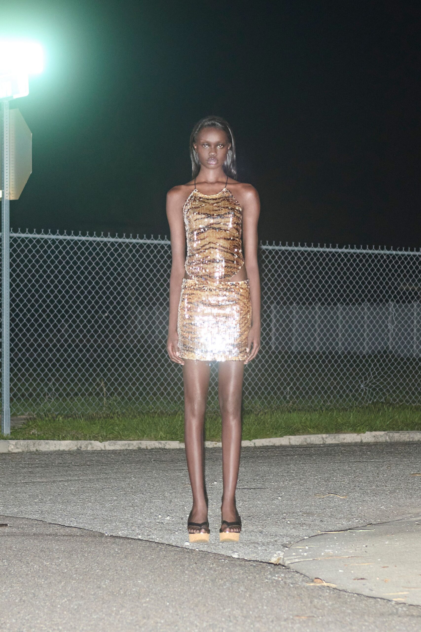gold sequin sleeveless high-neck fitted embellished shiny mini-dress