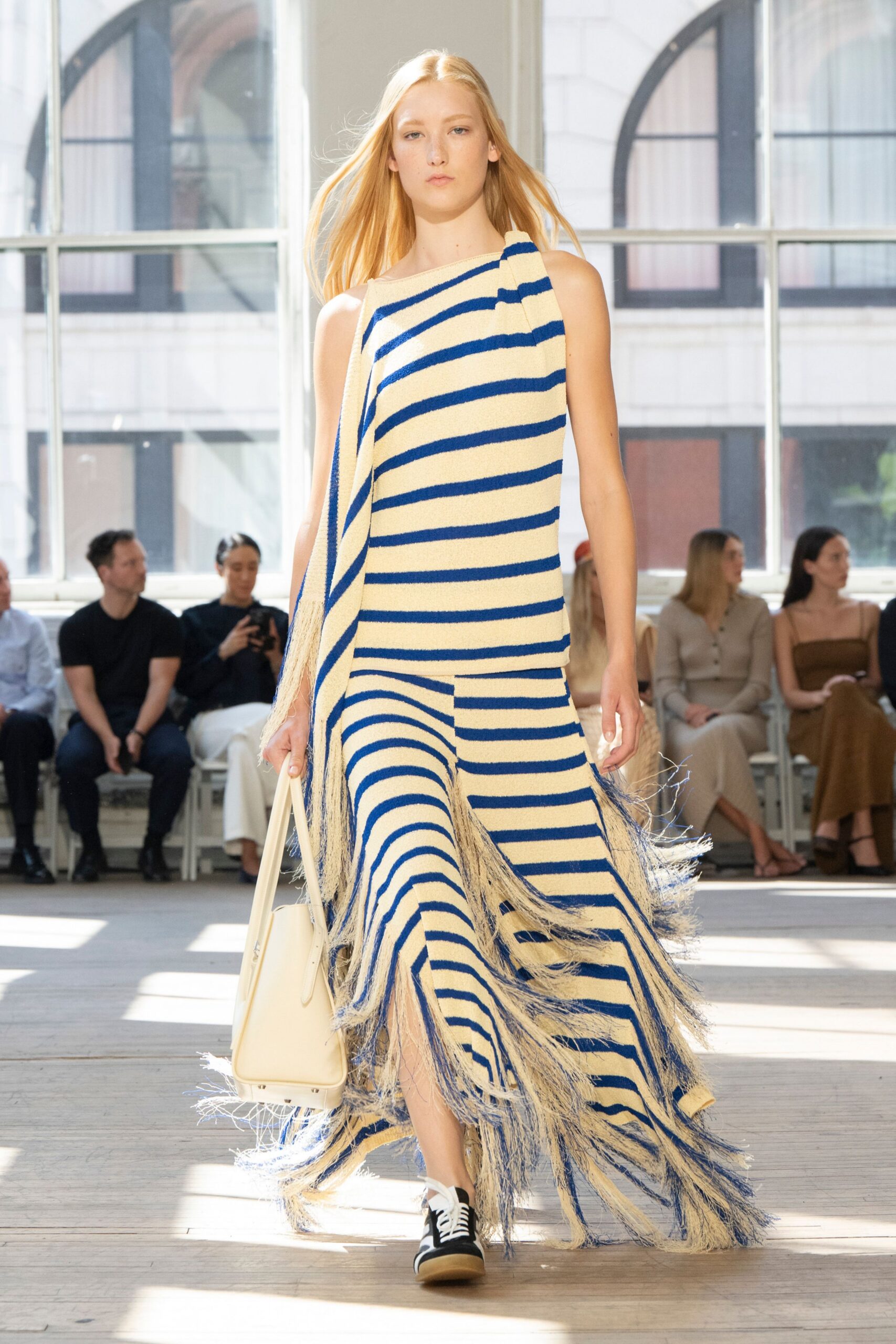 blue and white striped midi dress