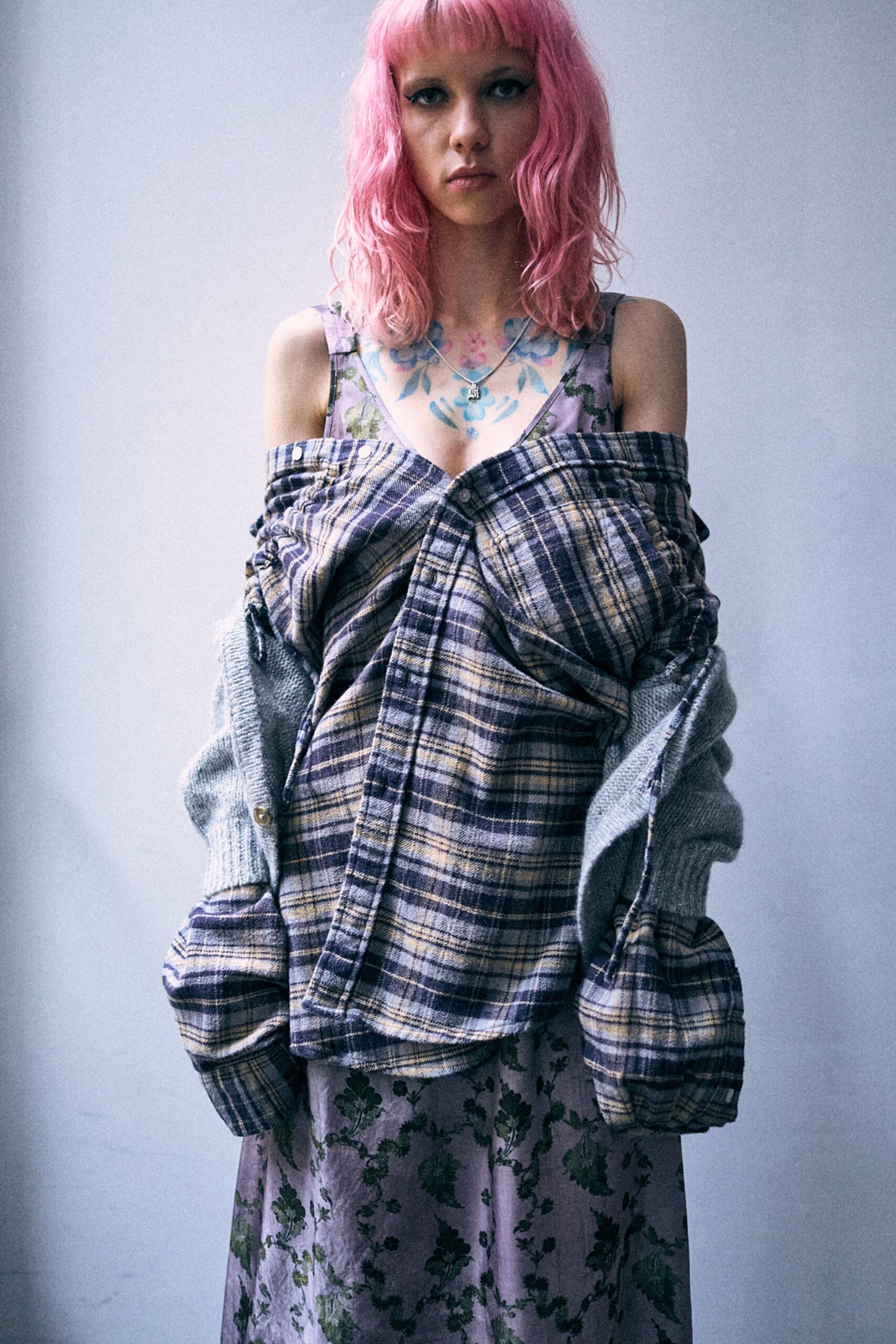 blue cotton long-sleeve collared oversized checked shirt