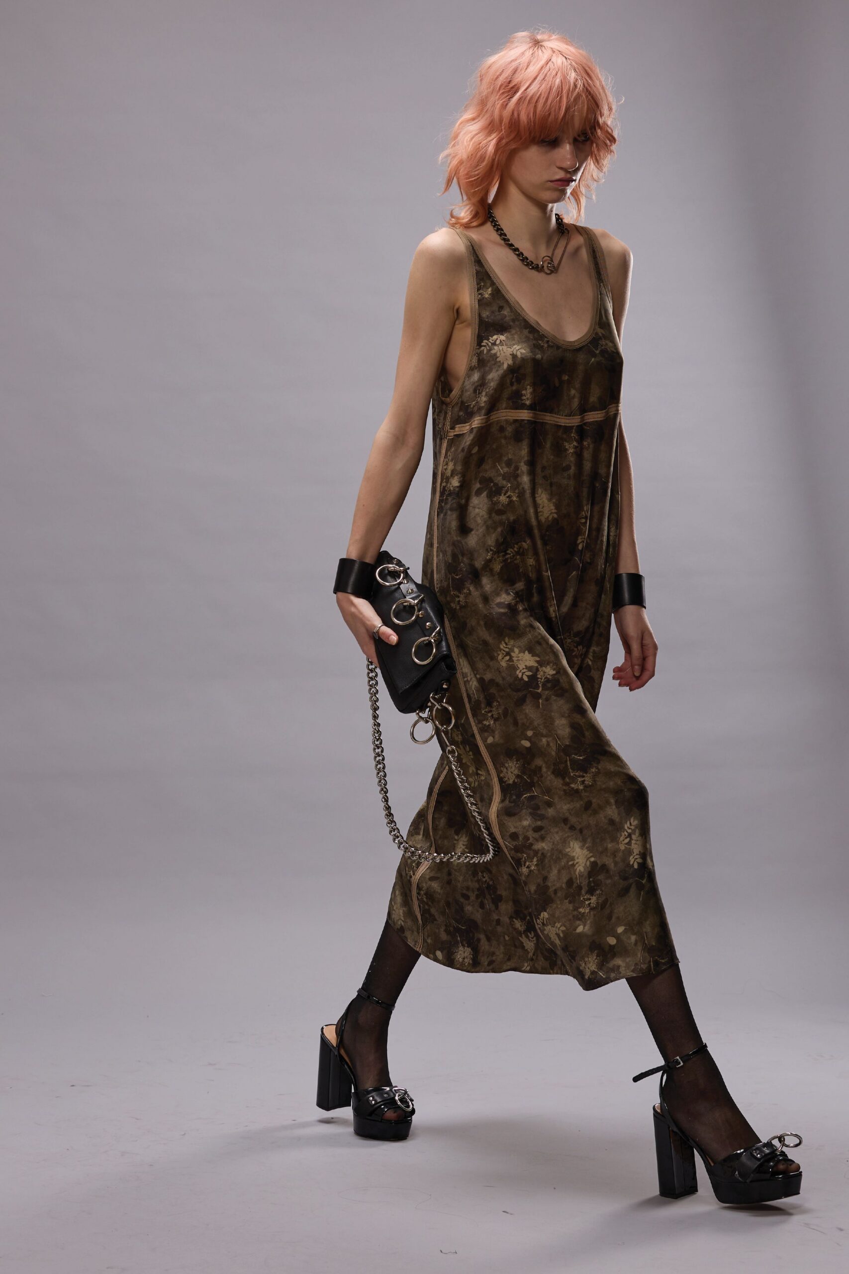 brown green relaxed midi dress