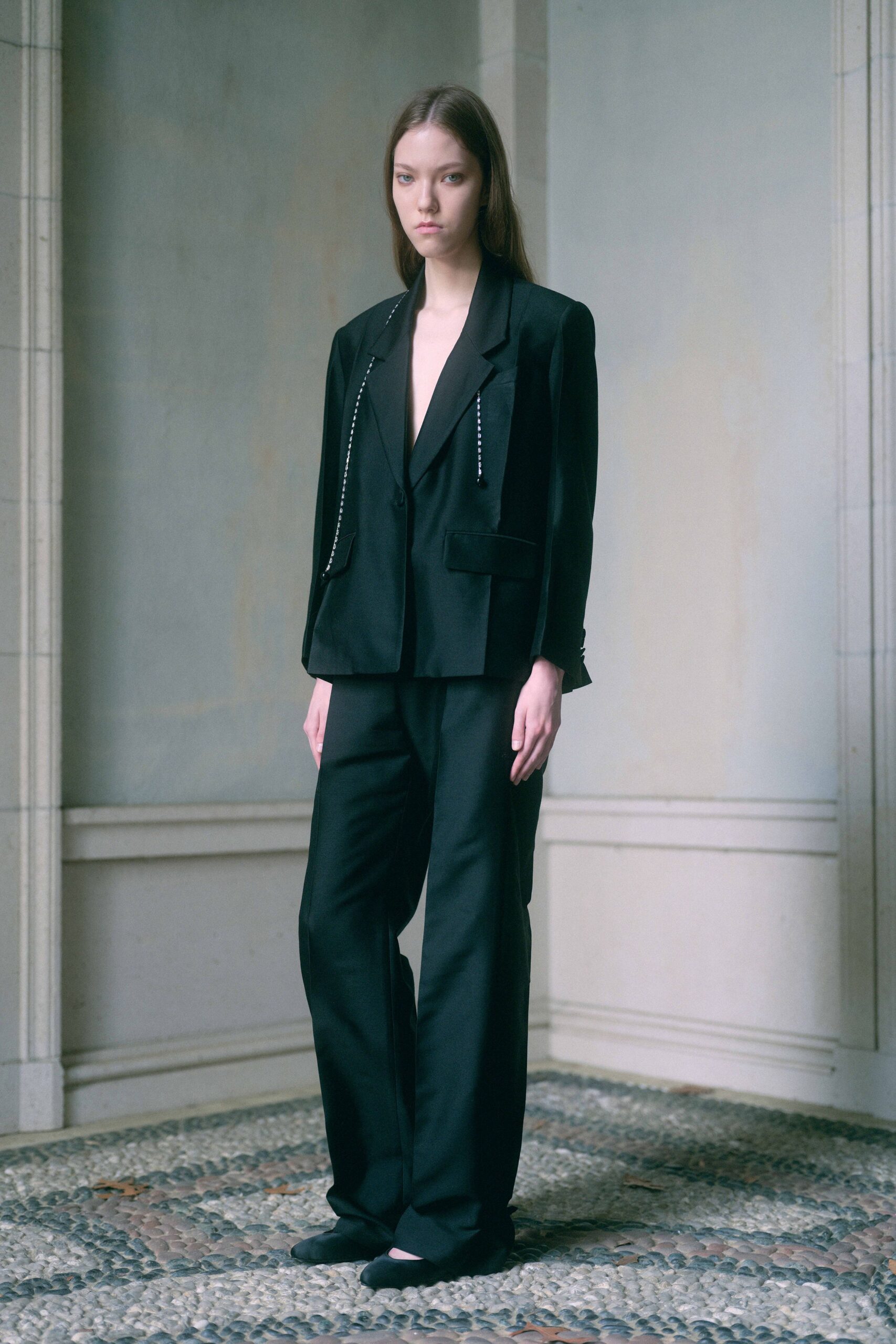 black silk long-sleeve v-neck structured buttoned embellished blazer