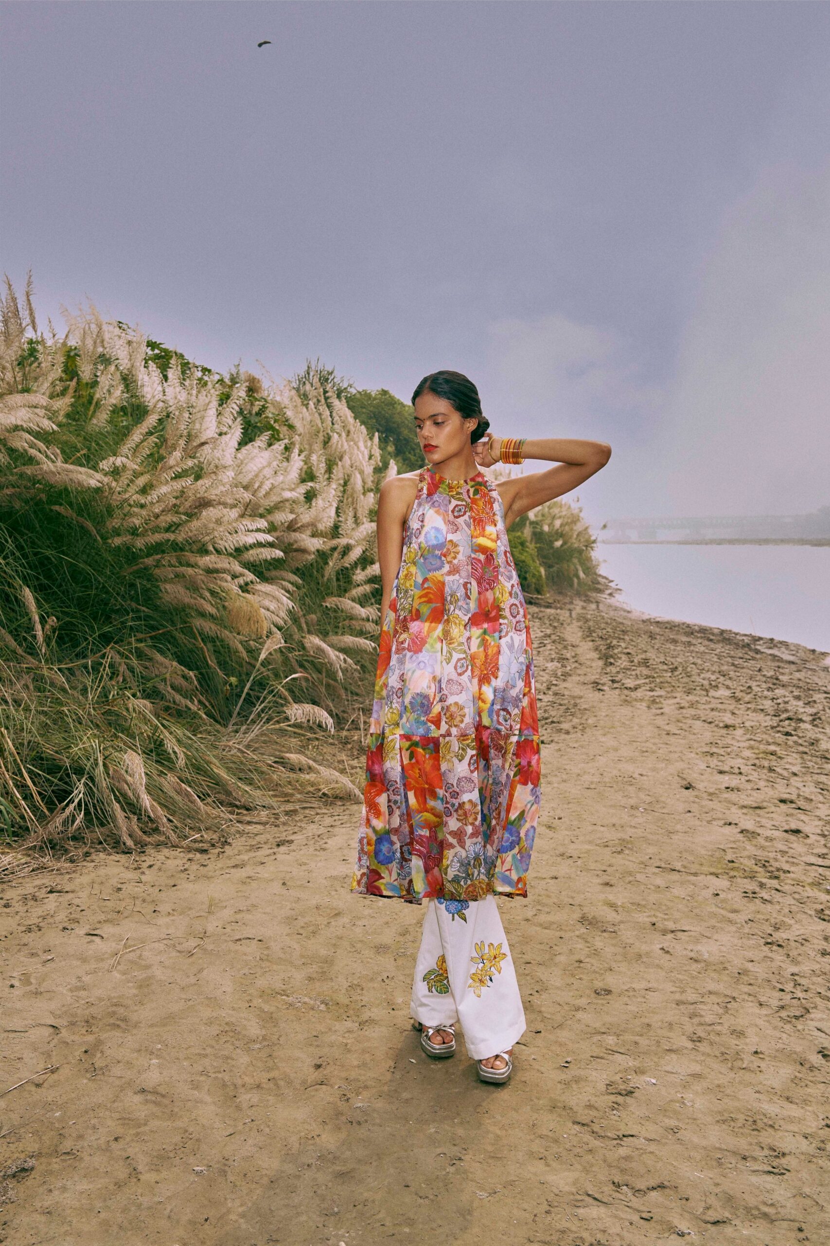 multi cotton sleeveless high-neck relaxed floral tiered dress