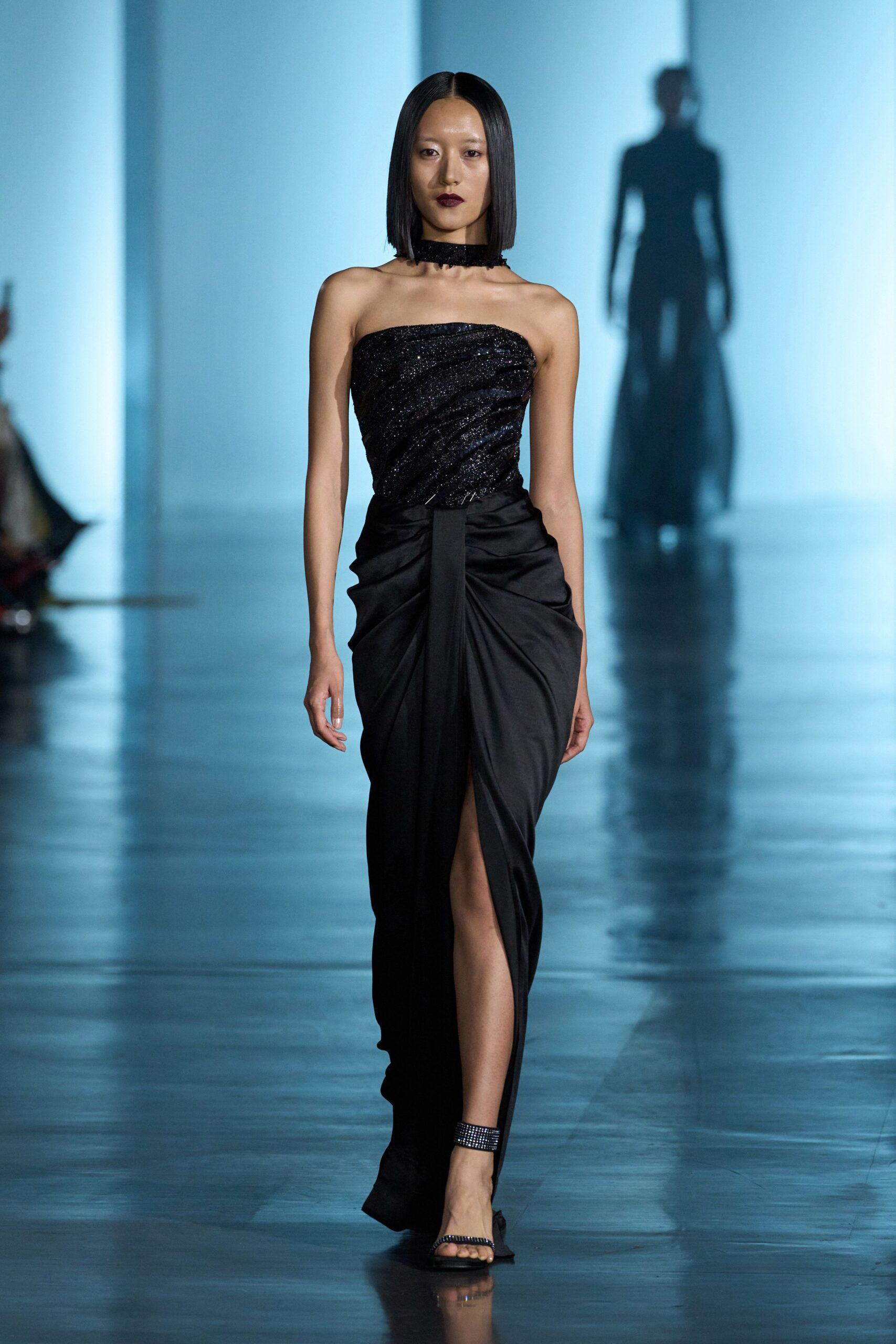 black silk strapless slit fitted pleated sequined gown