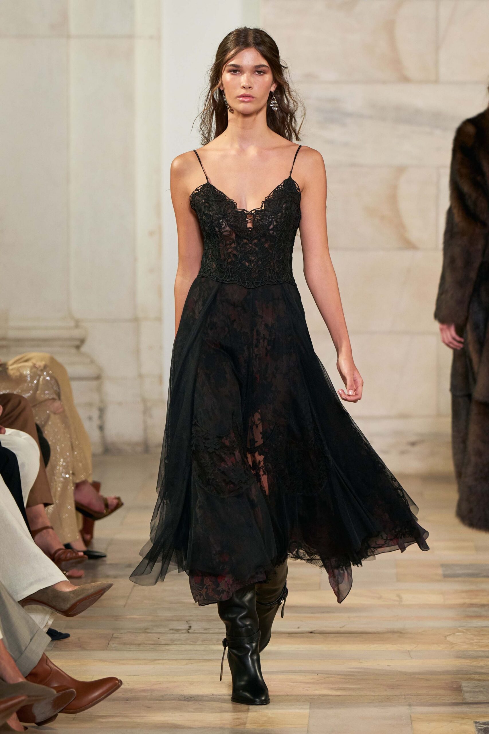 black lace sleeveless v-neck fitted layered pleated dress