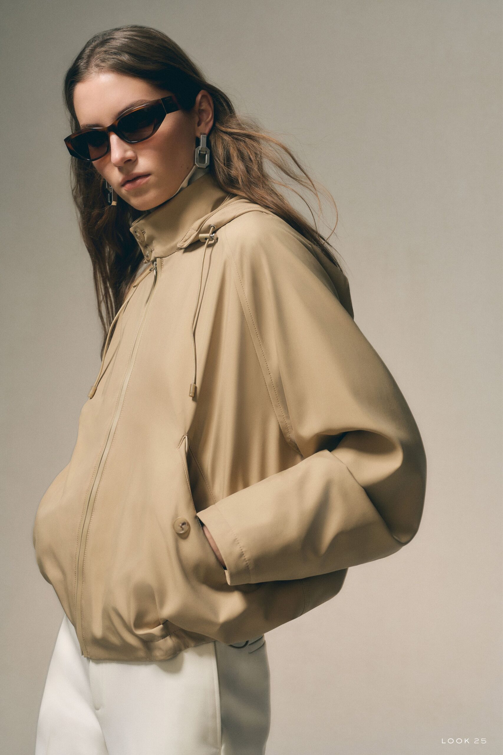 beige oversized jacket with white pants