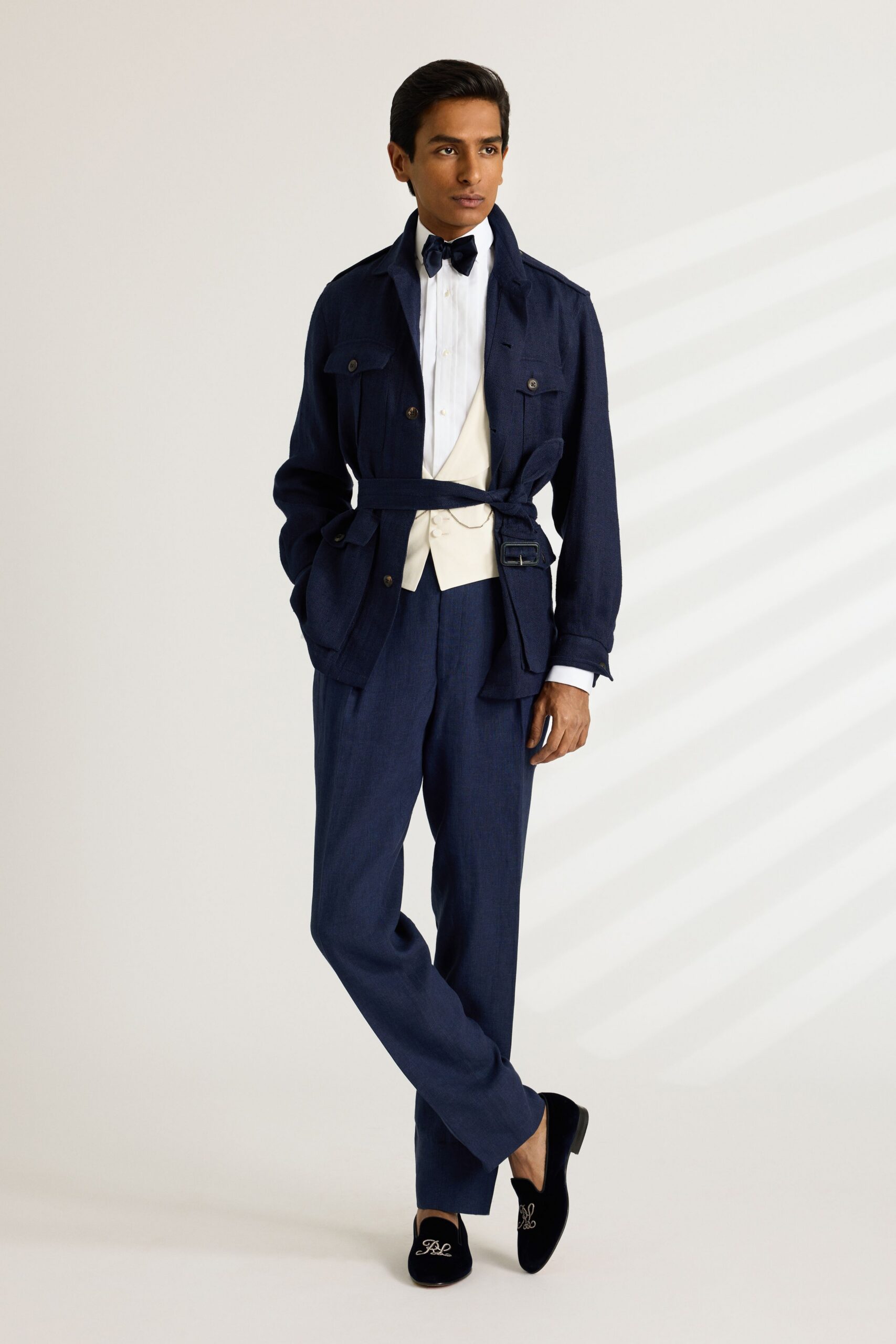 blue cotton long-sleeve collared structured belted jacket