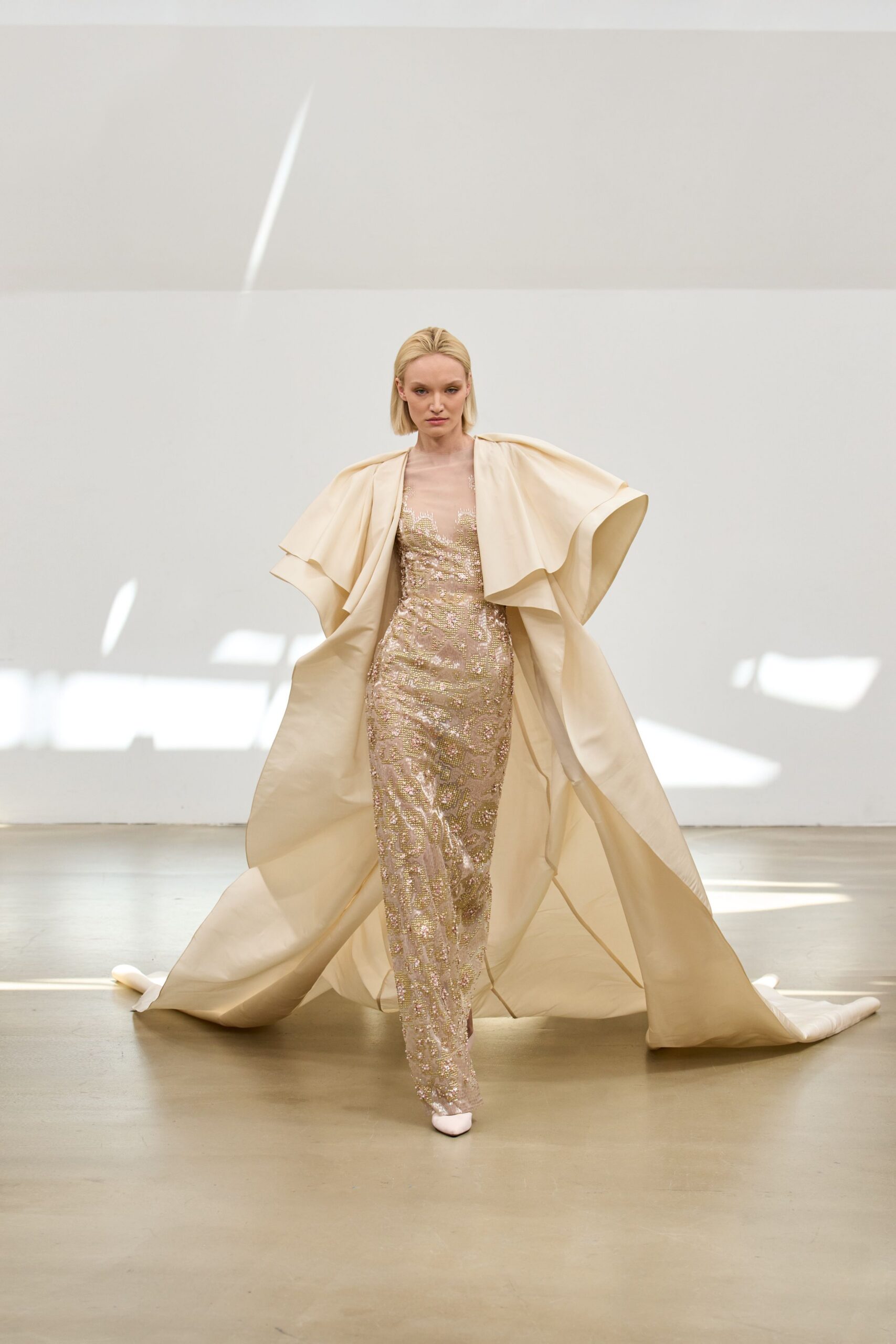 champagne embellished gown with cape