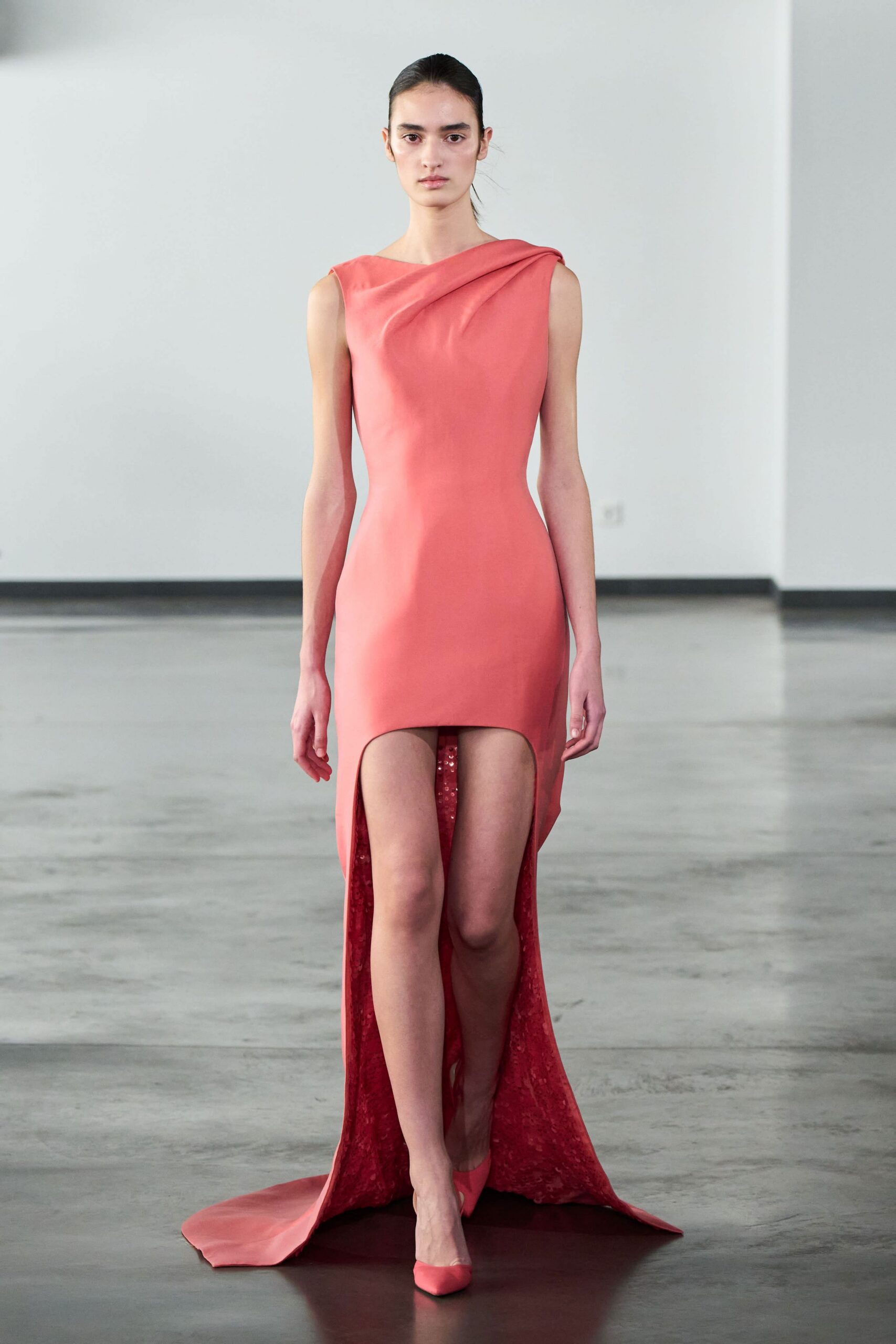 pink asymmetric midi dress with heels