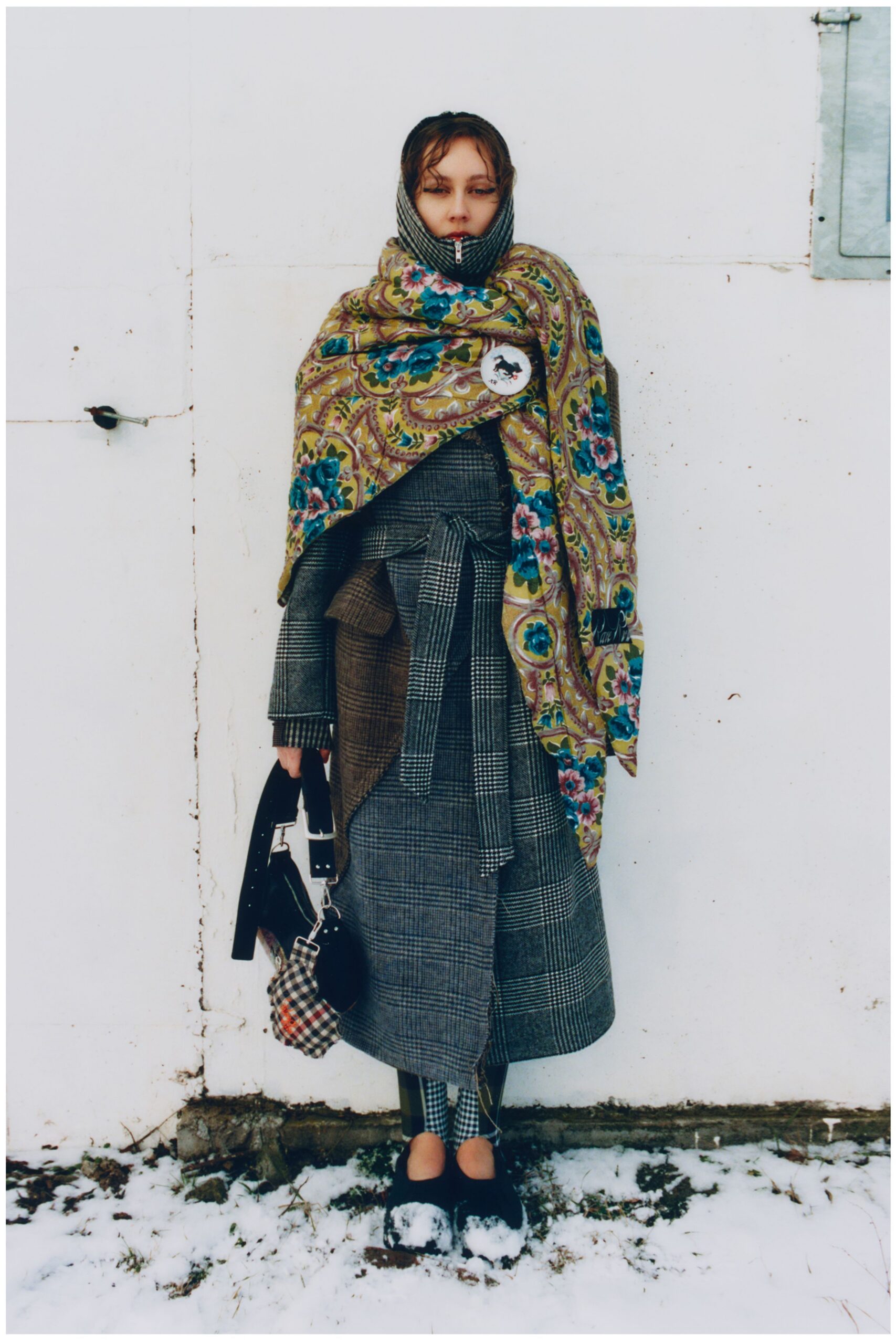 gray wool long-sleeve collared relaxed checked maxi coat