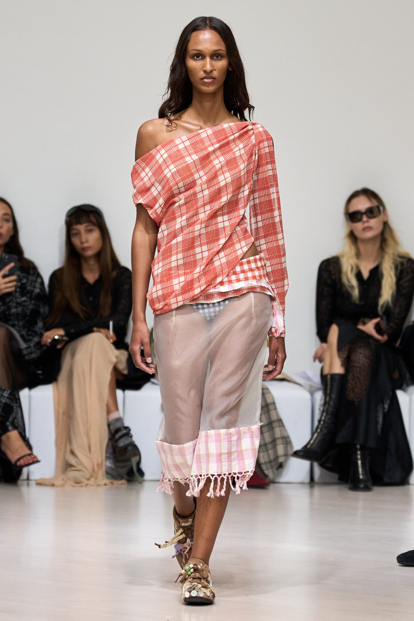 red cotton off-shoulder short-sleeve relaxed checked draped top