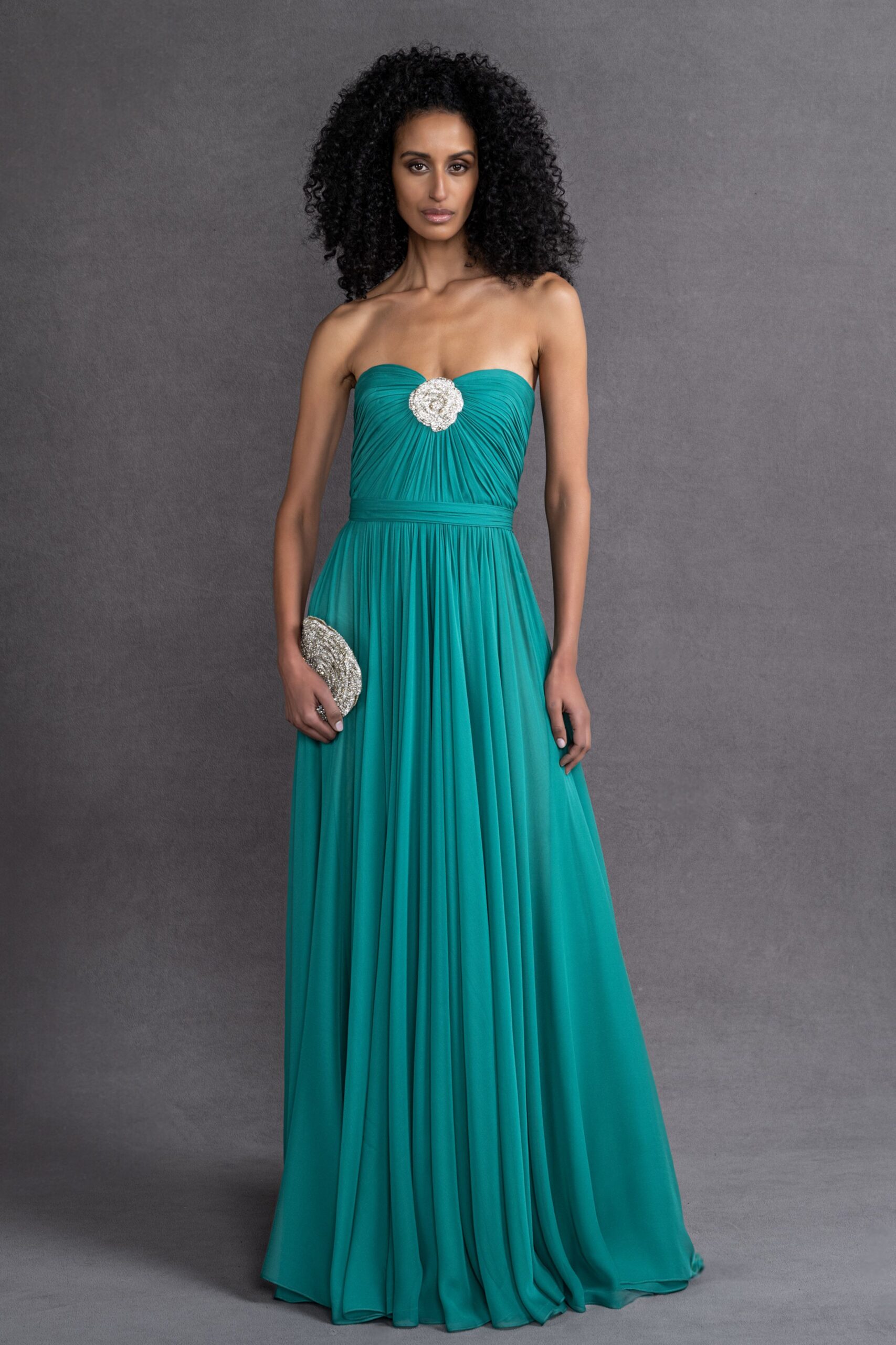 teal chiffon strapless fitted ruched flowing maxi gown