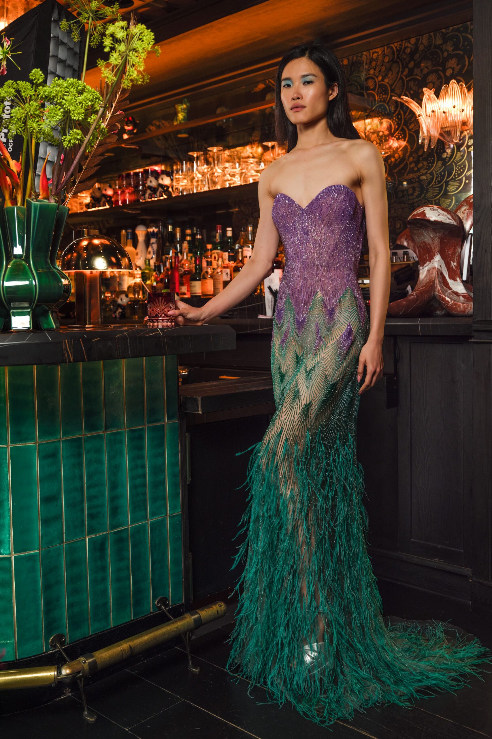 purple green strapless gown