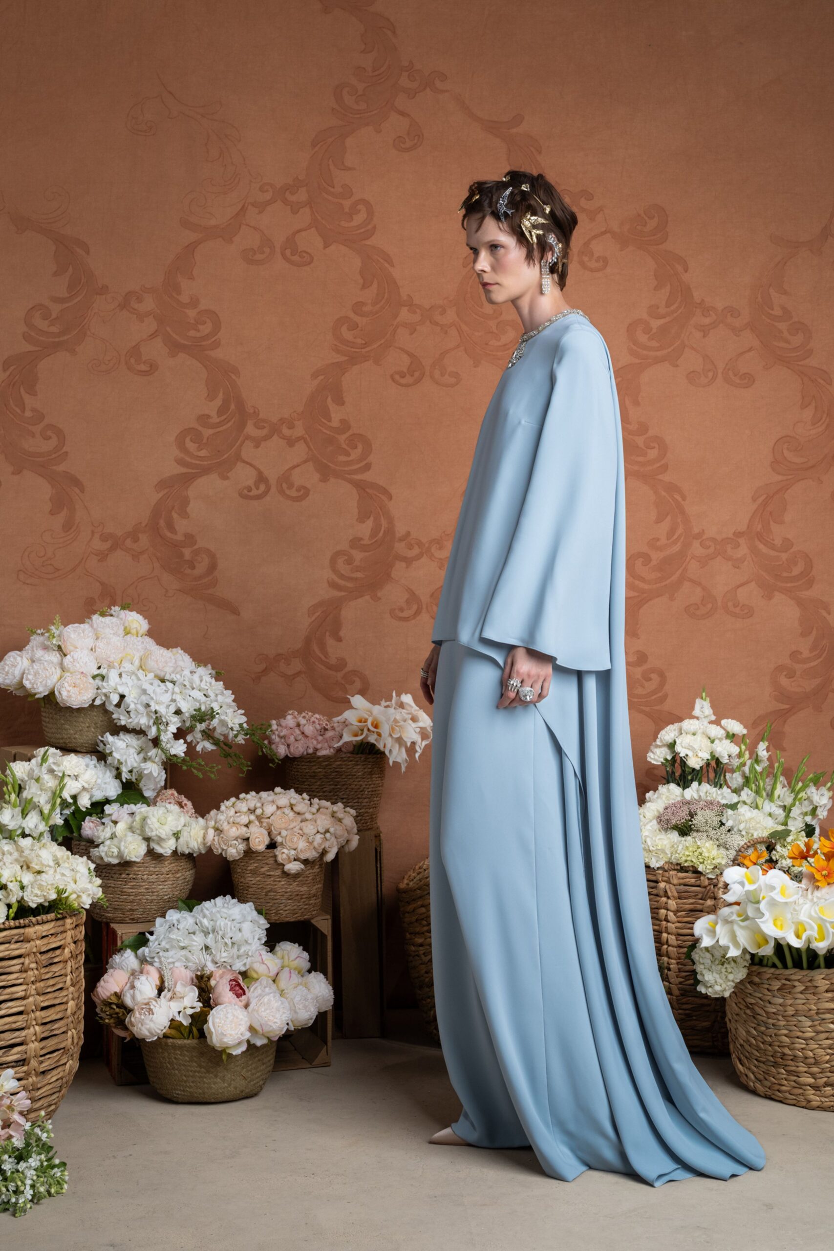 blue silk long-sleeve gown