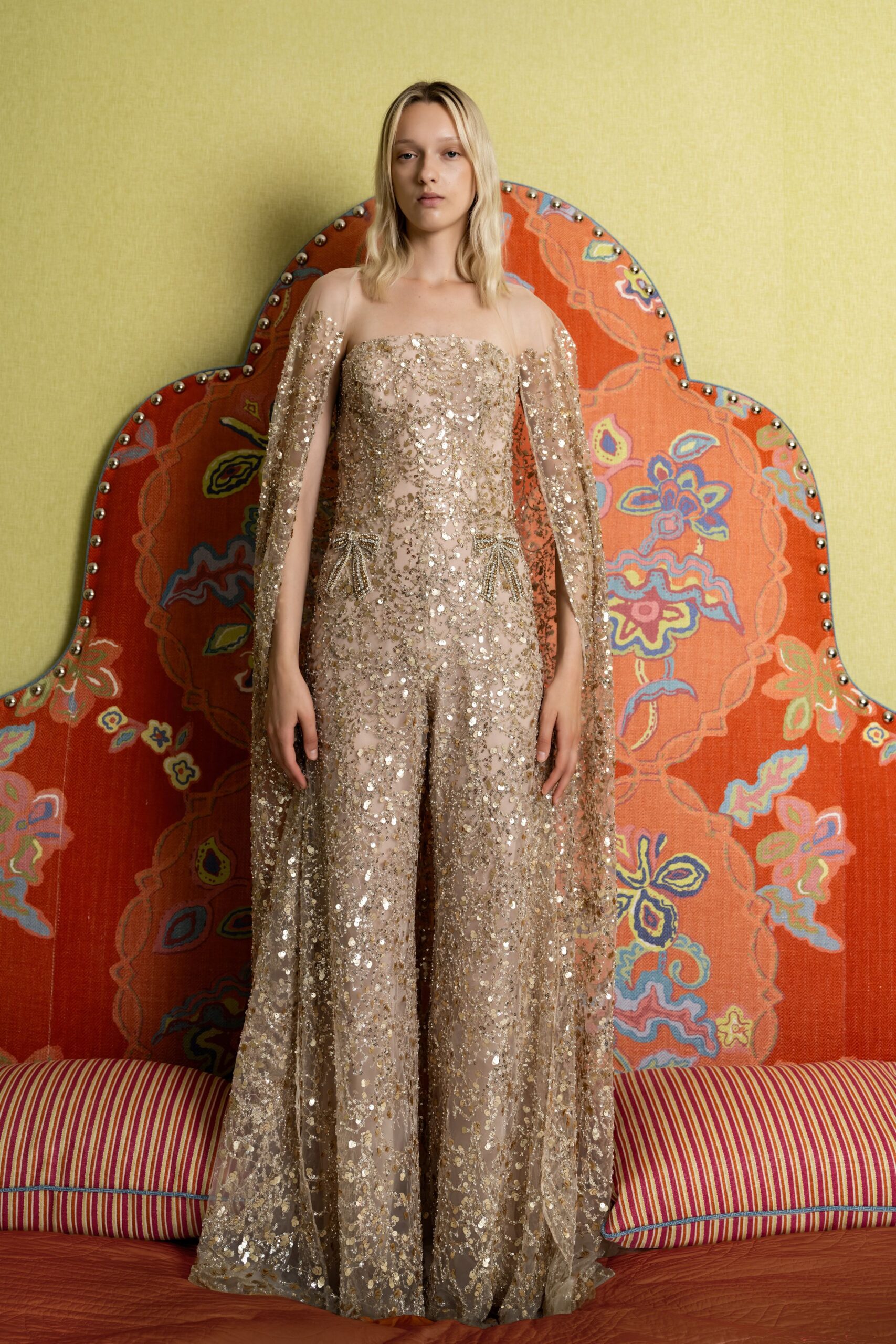 gold sequin strapless gown