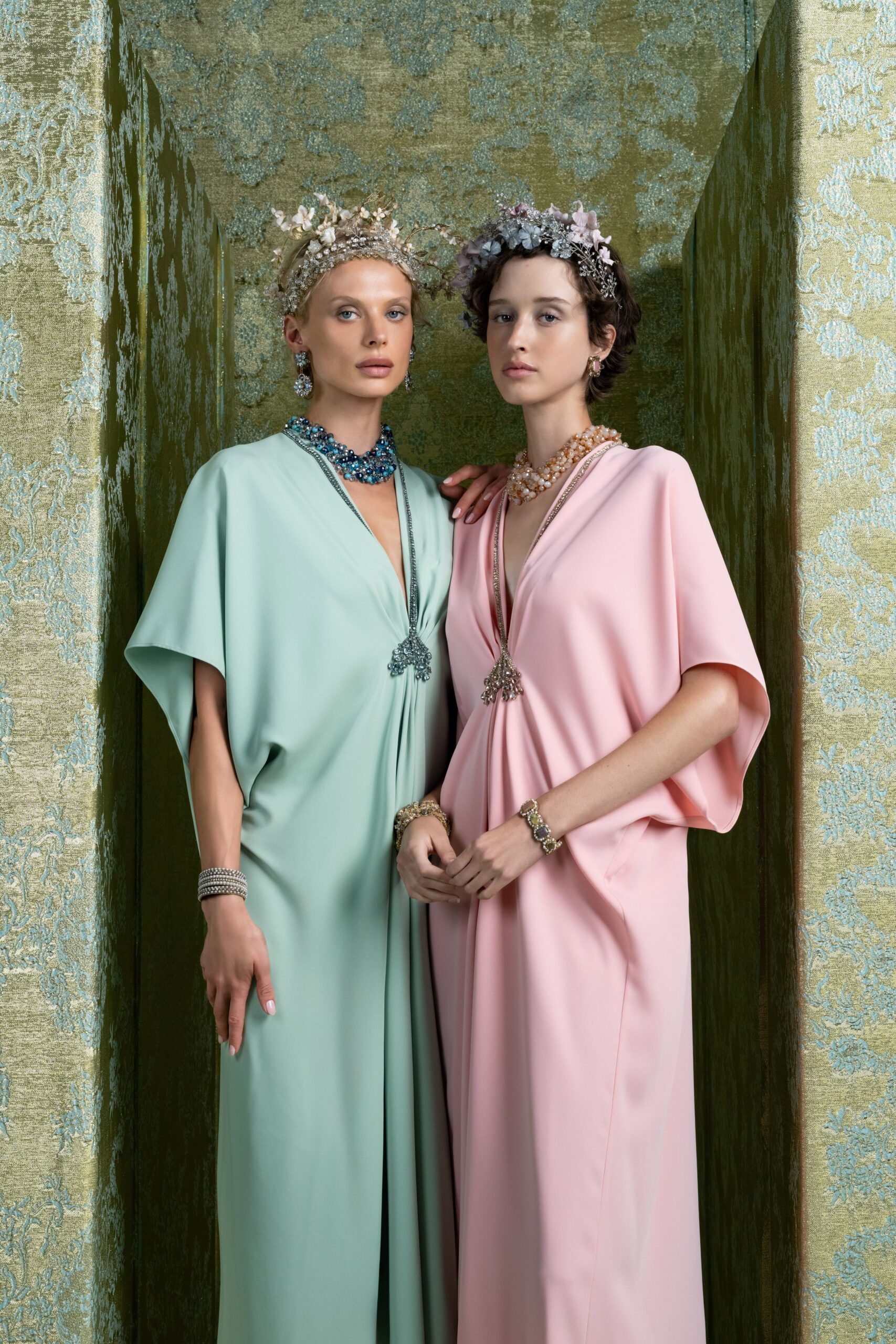 green silk sleeveless v-neck relaxed draped maxi gown