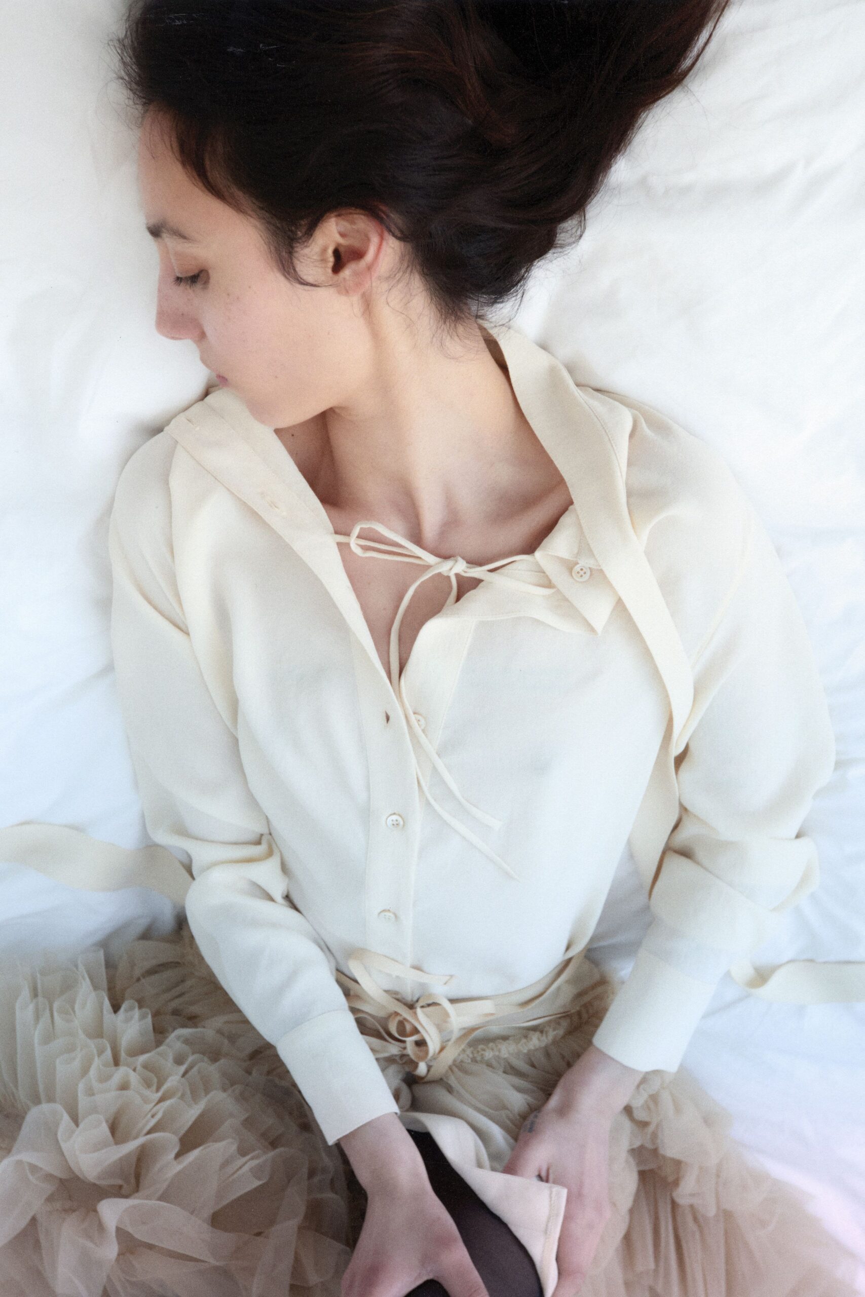 ivory shirt and beige tulle skirt