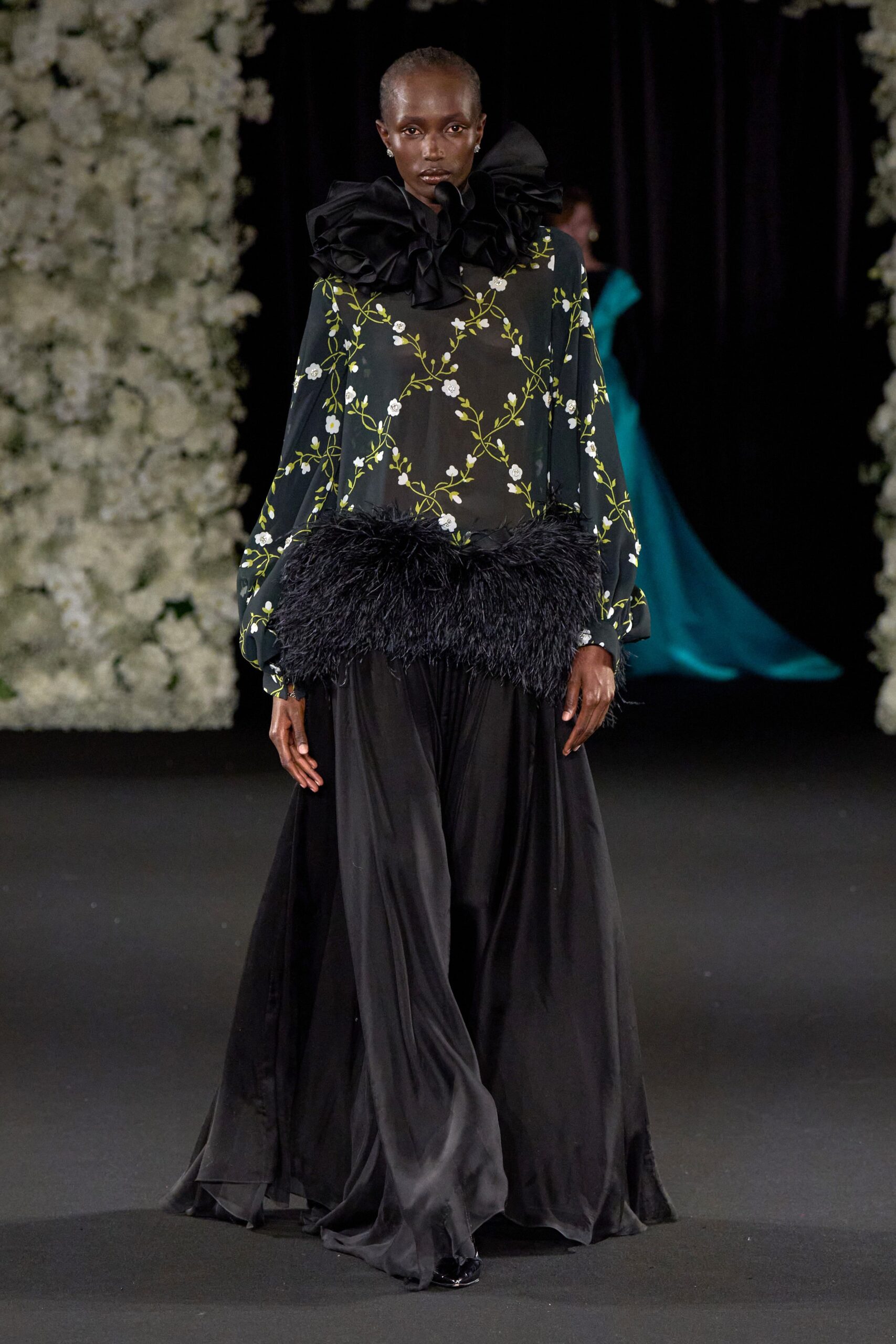 black silk long-sleeve high-neck relaxed ruffled embroidered top