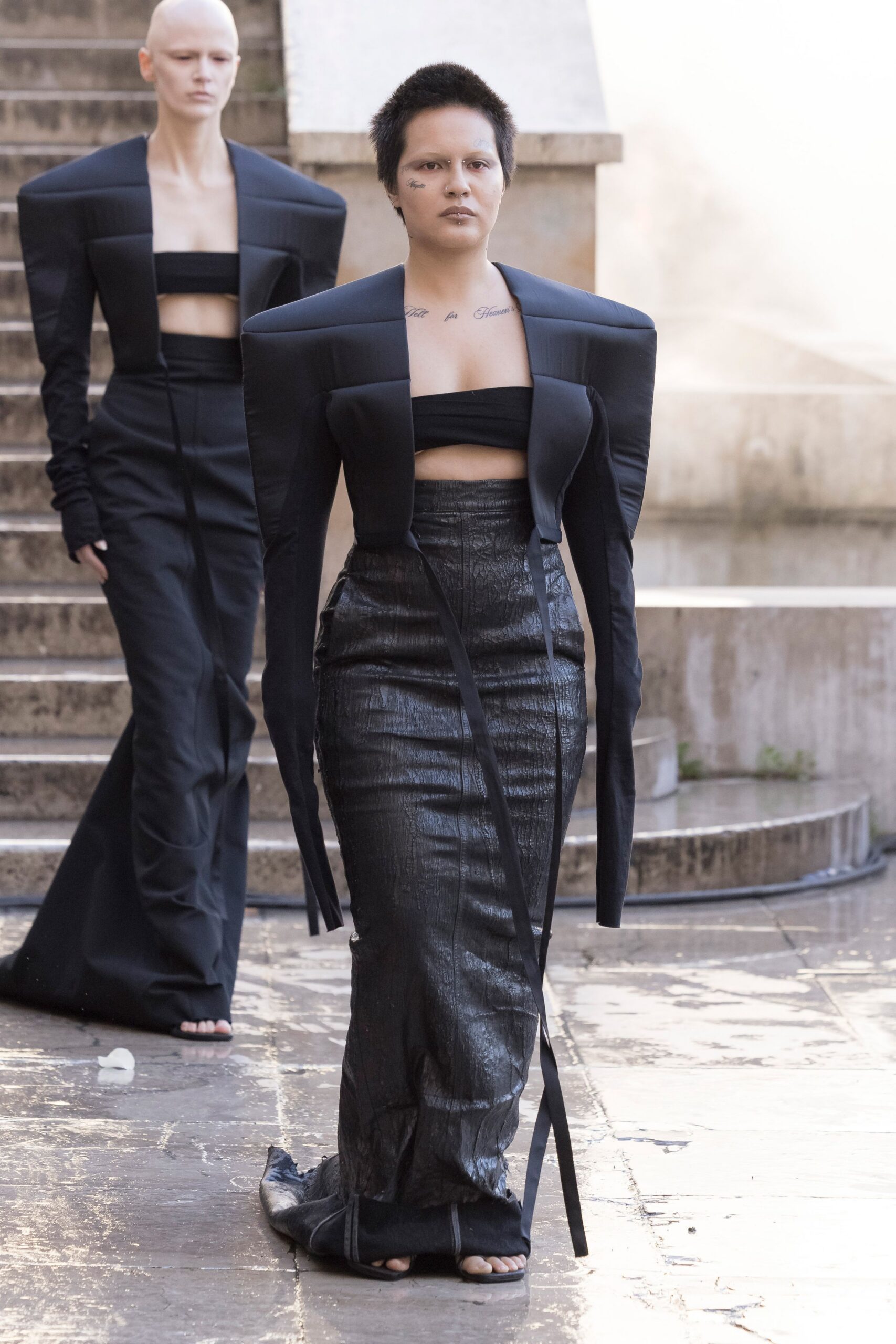 black silk sleeveless high-neck fitted structured zippered gown