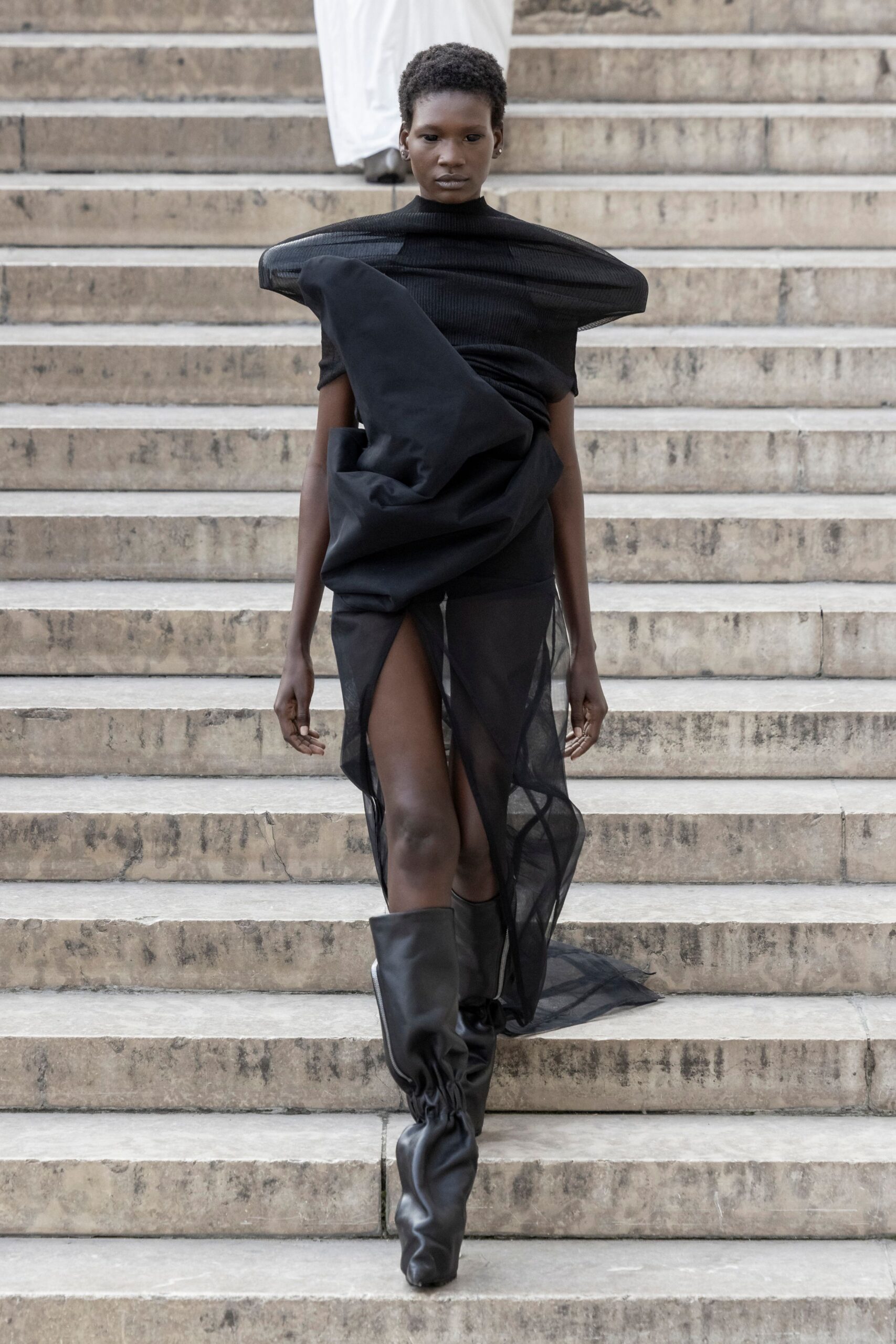 black cotton sleeveless high-neck fitted draped flowing dress