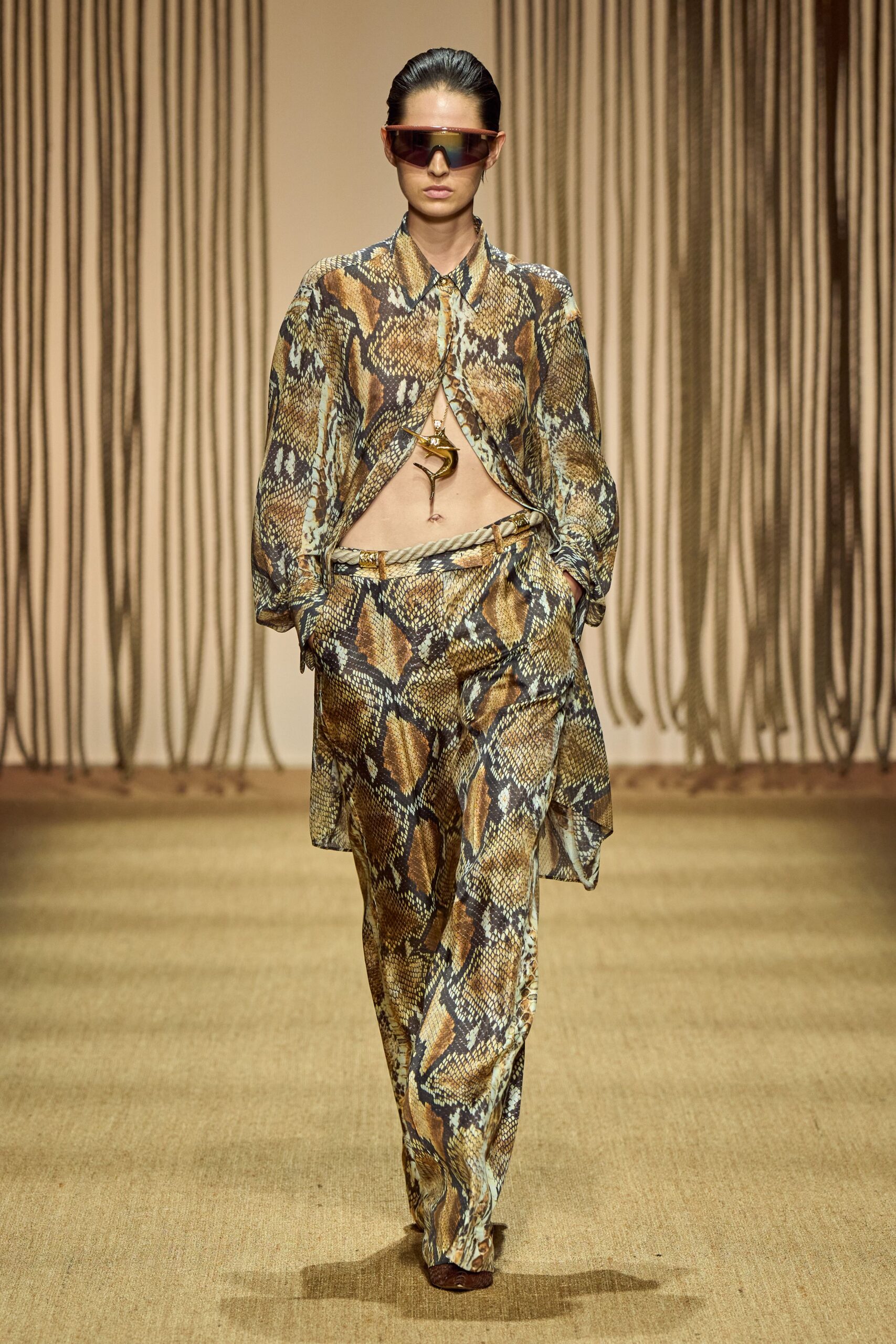 brown silk long-sleeve collared relaxed printed shirt