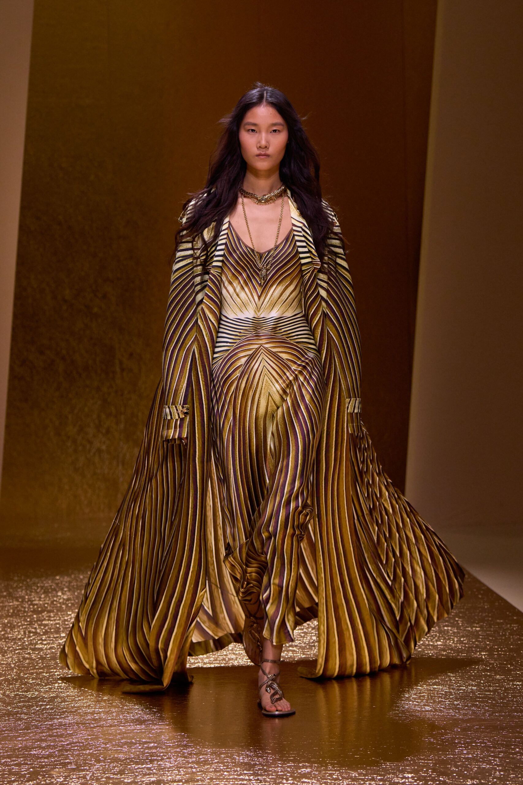gold silk long-sleeve relaxed pleated shiny maxi coat