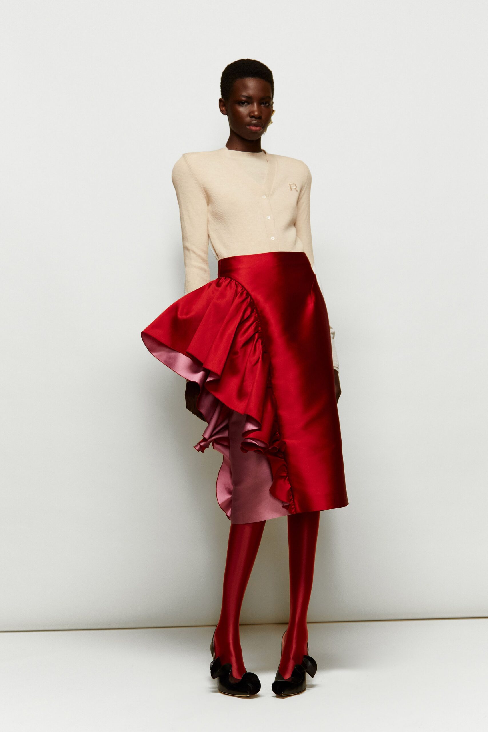 red silk asymmetric fitted pleated skirt