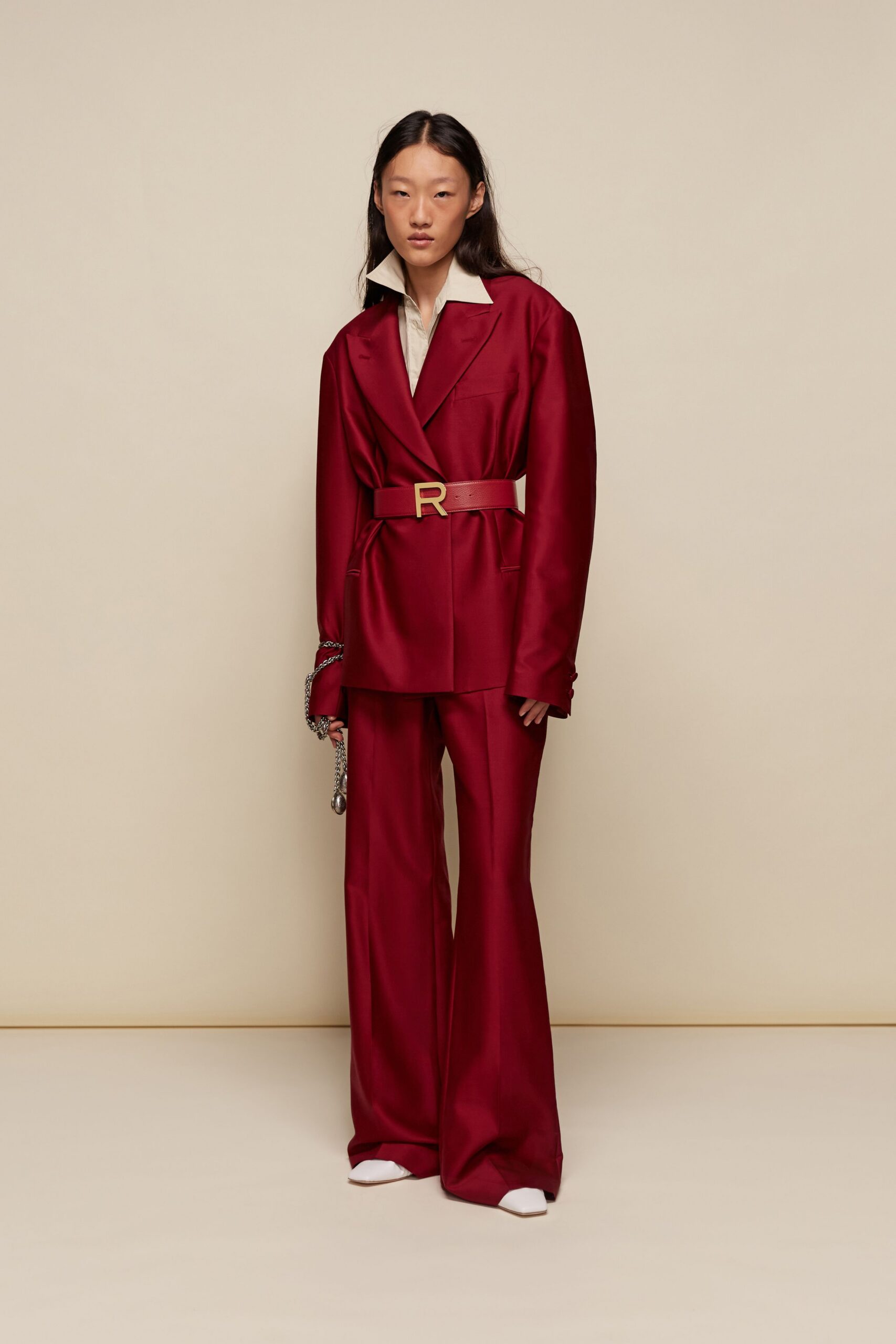 red satin tailored flared pants