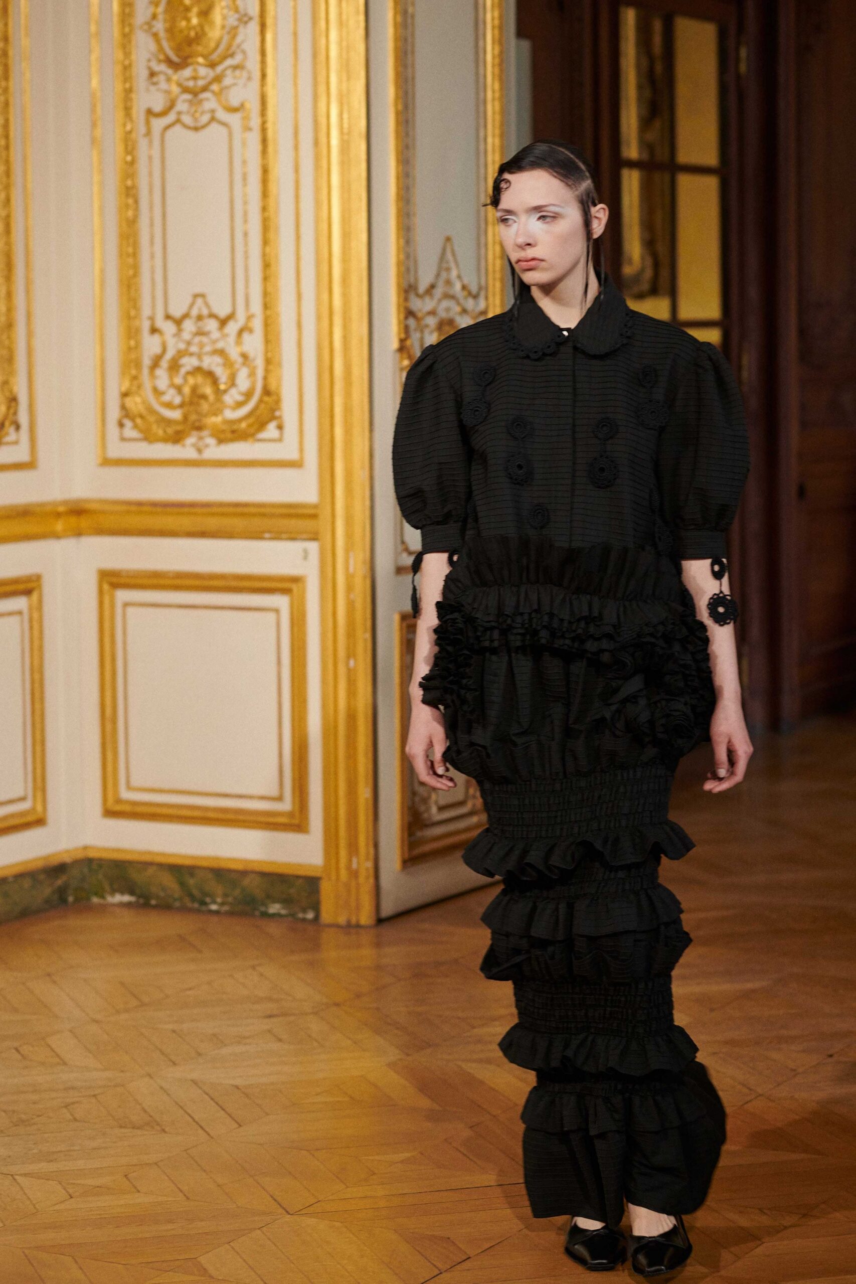 black cotton long-sleeve collared fitted ruffled layered dress