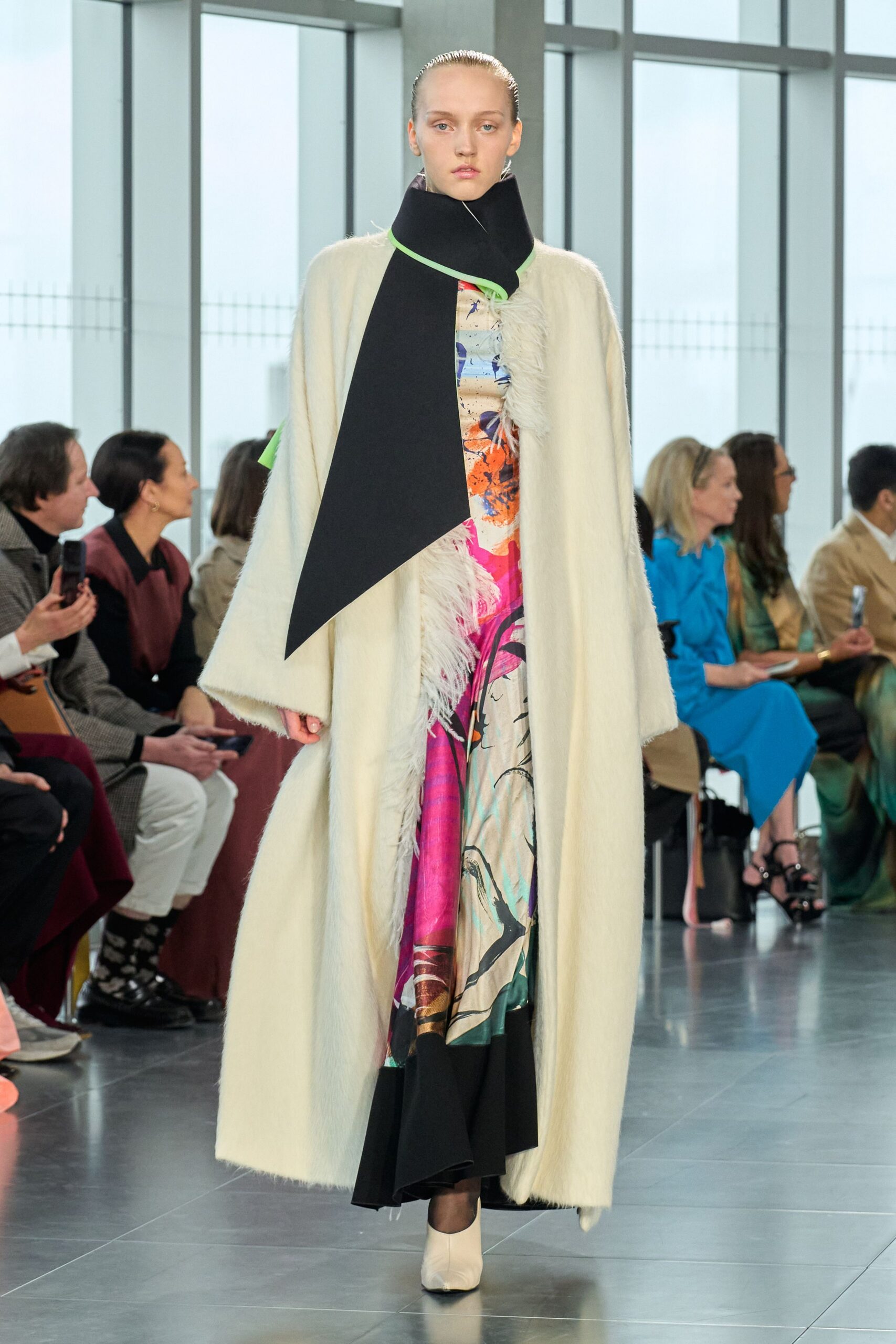 white wool long-sleeve collared relaxed layered maxi coat