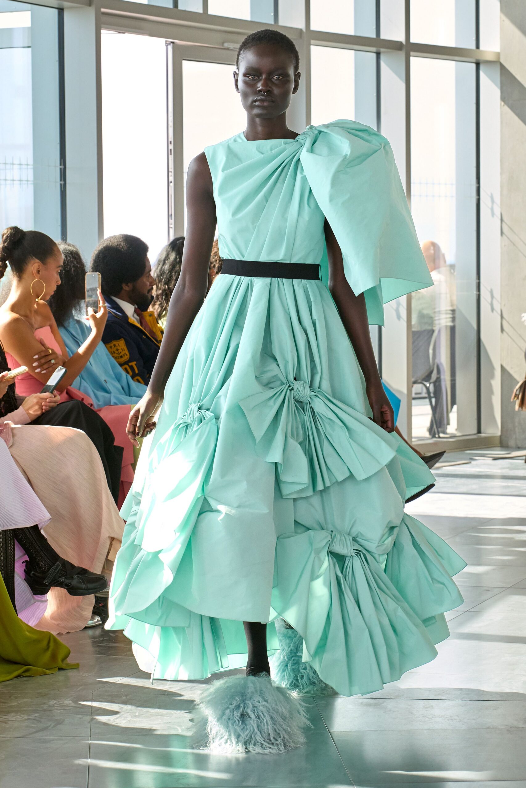 mint pleated midi dress with fur shoes
