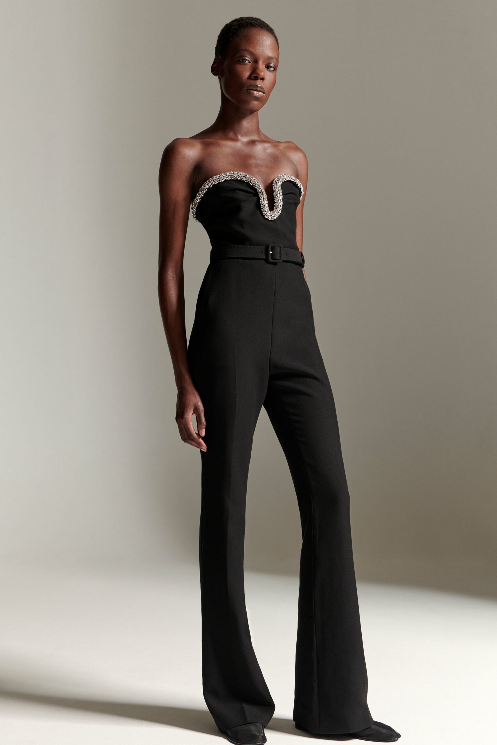 black strapless fitted jumpsuit