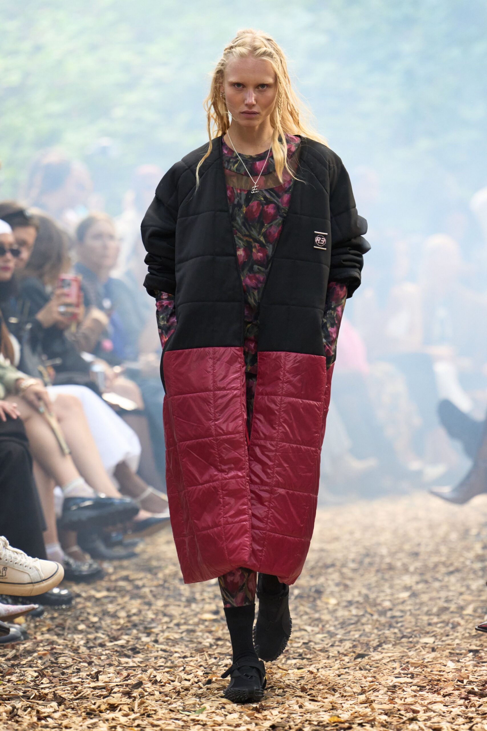 black and red coat with floral jumpsuit