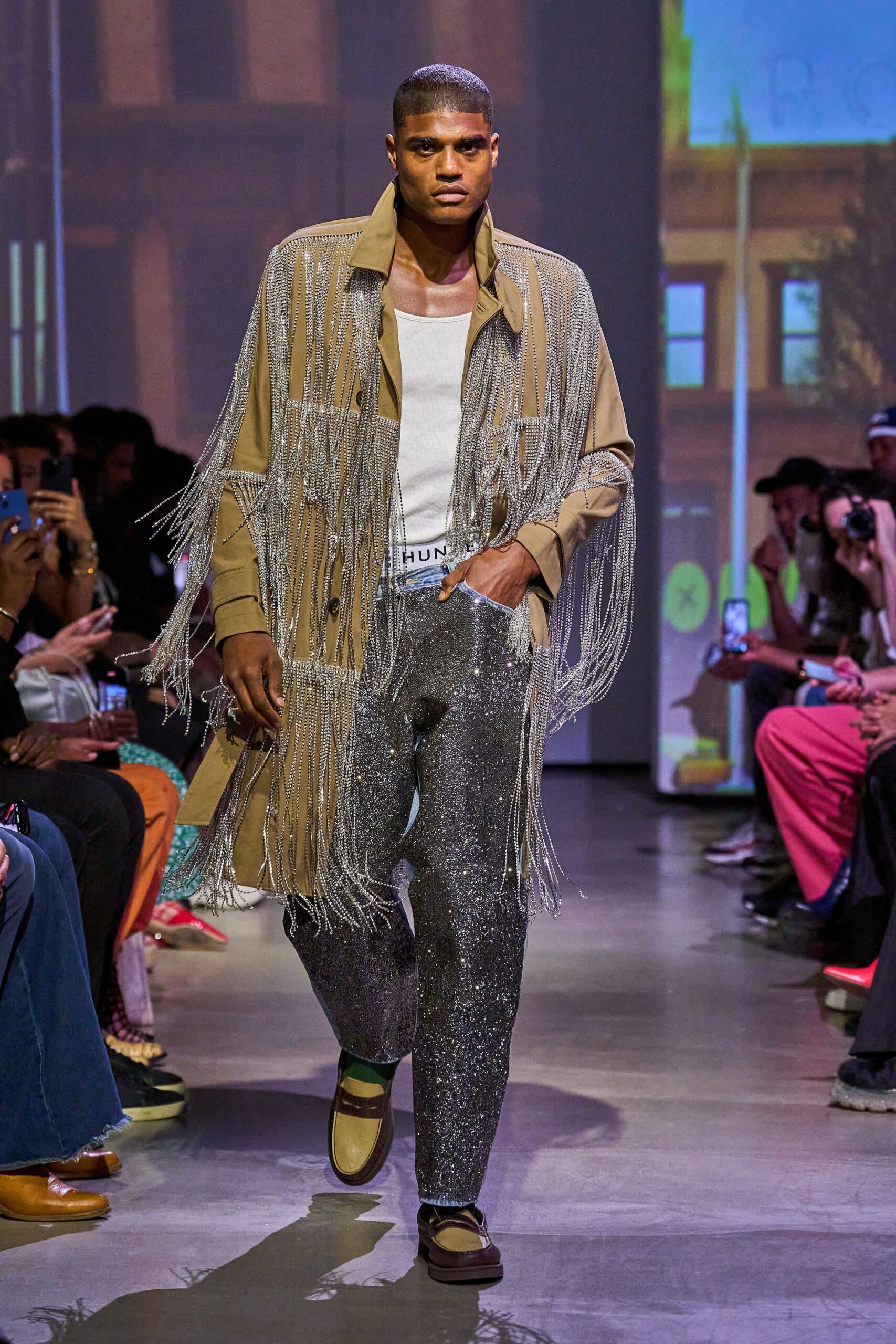gray cotton slim zippered shiny pants