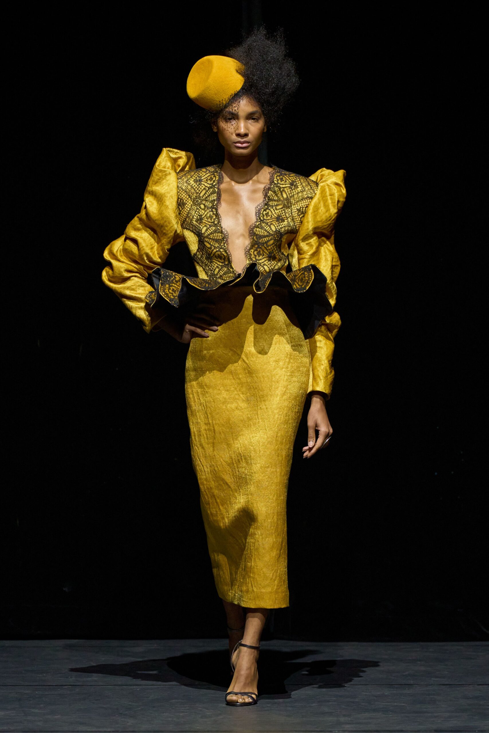 yellow fitted midi dress with hat