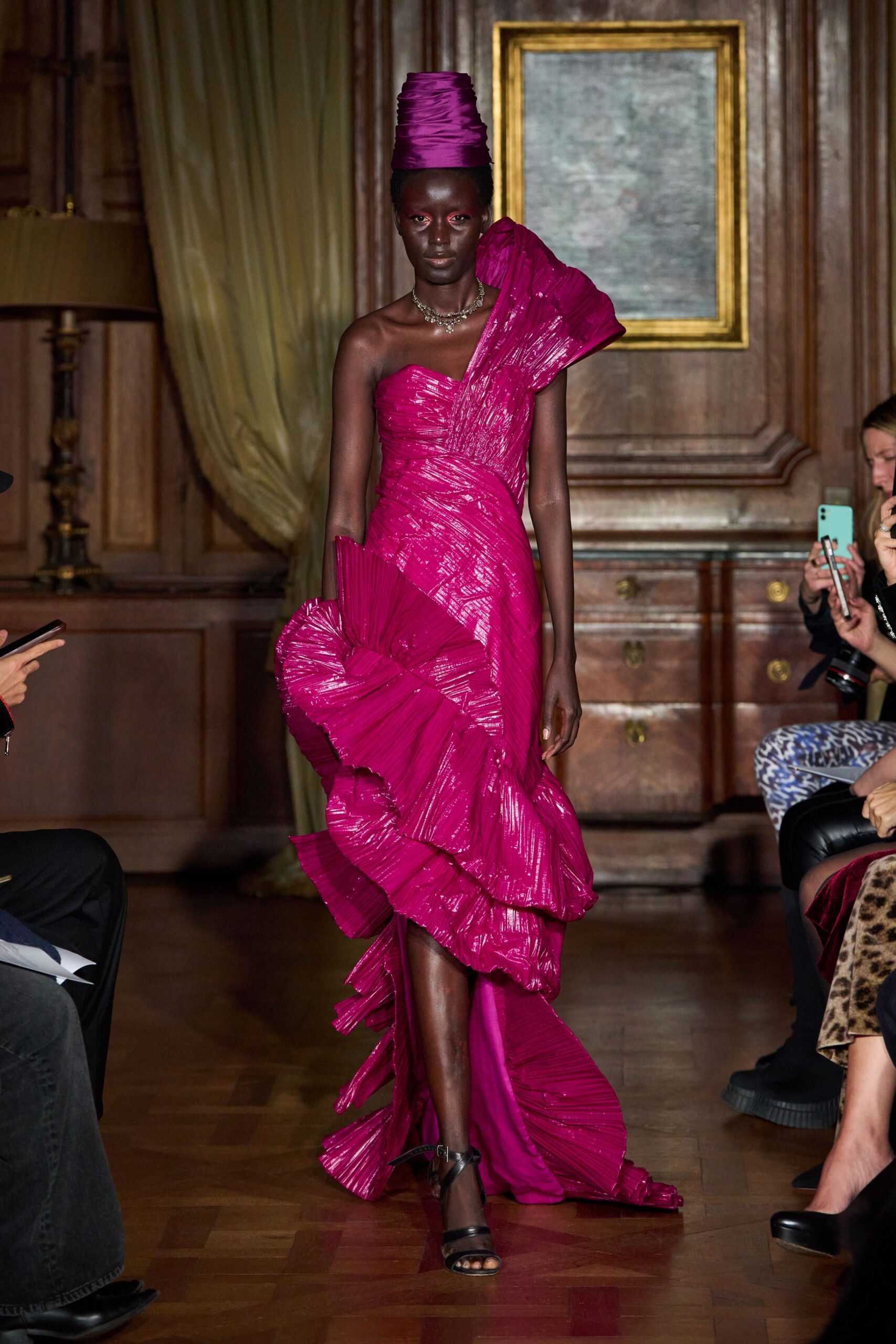 pink silk sleeveless asymmetric fitted pleated draped gown