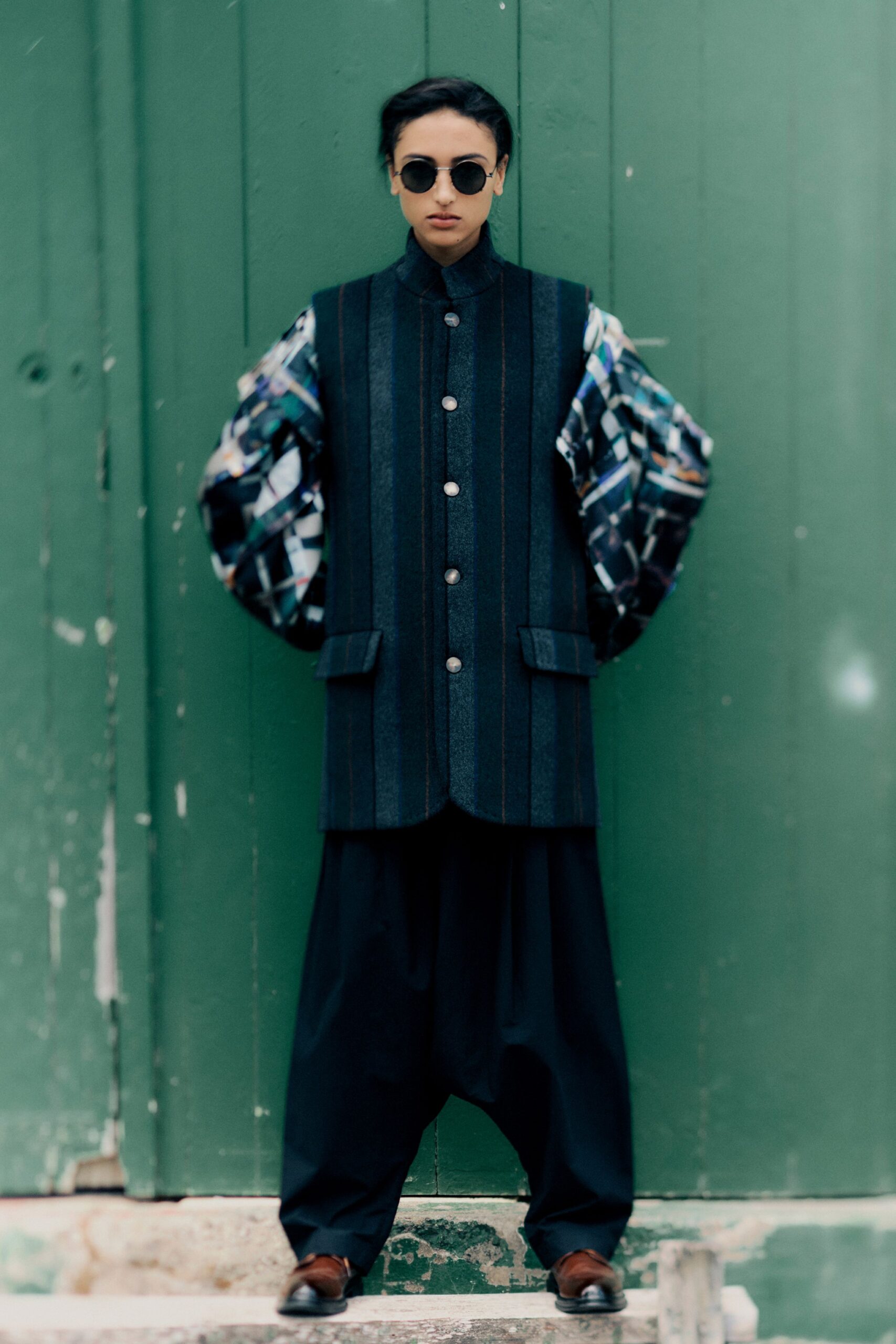 black relaxed jacket with wide-leg pants